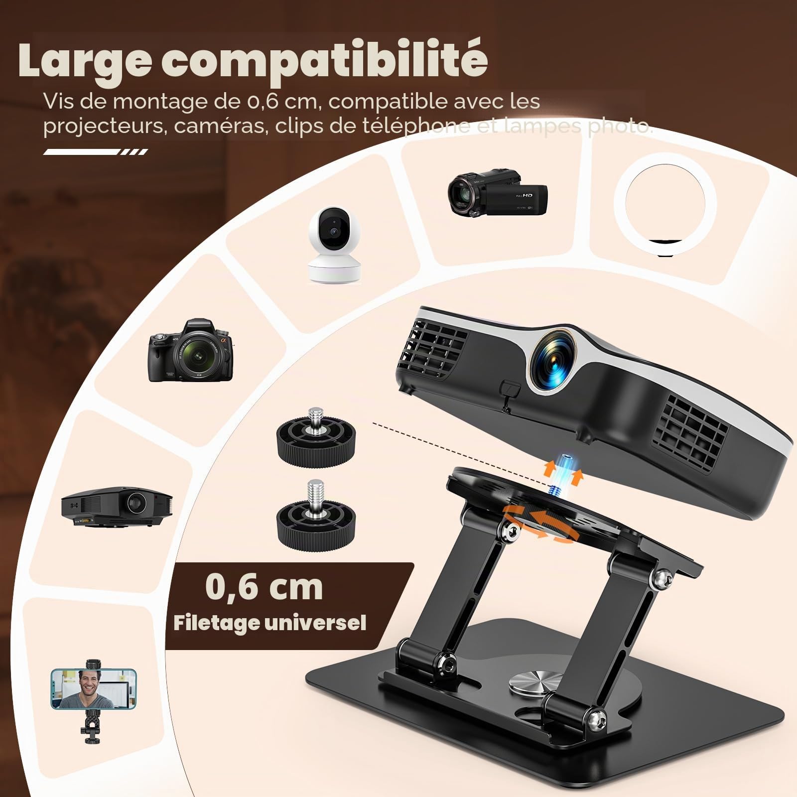 Support de Projecteur de Bureau, Pieds de Projector Rotation à 360°, Support de Projecteur Pliable avec Vis 1/4" pour Home Cinéma, Salle de Jeux, Bureau