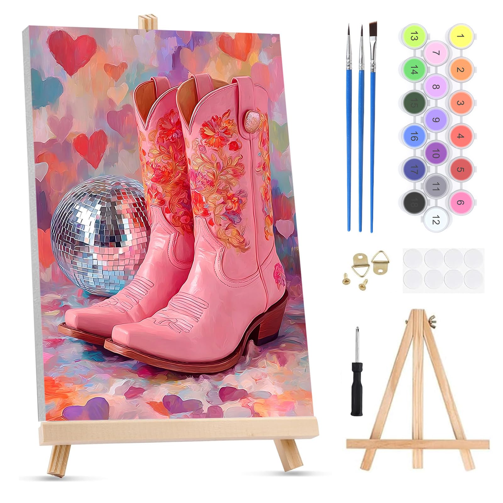 QENSPE Paint by Numbers for Adults on Framed Canvas - with Wooden Easel, Pink Boots Painting by Number Kit for Beginners, DIY Disco Ball Acrylic Oil Painting for Home Wall Decor (8x12 inch)