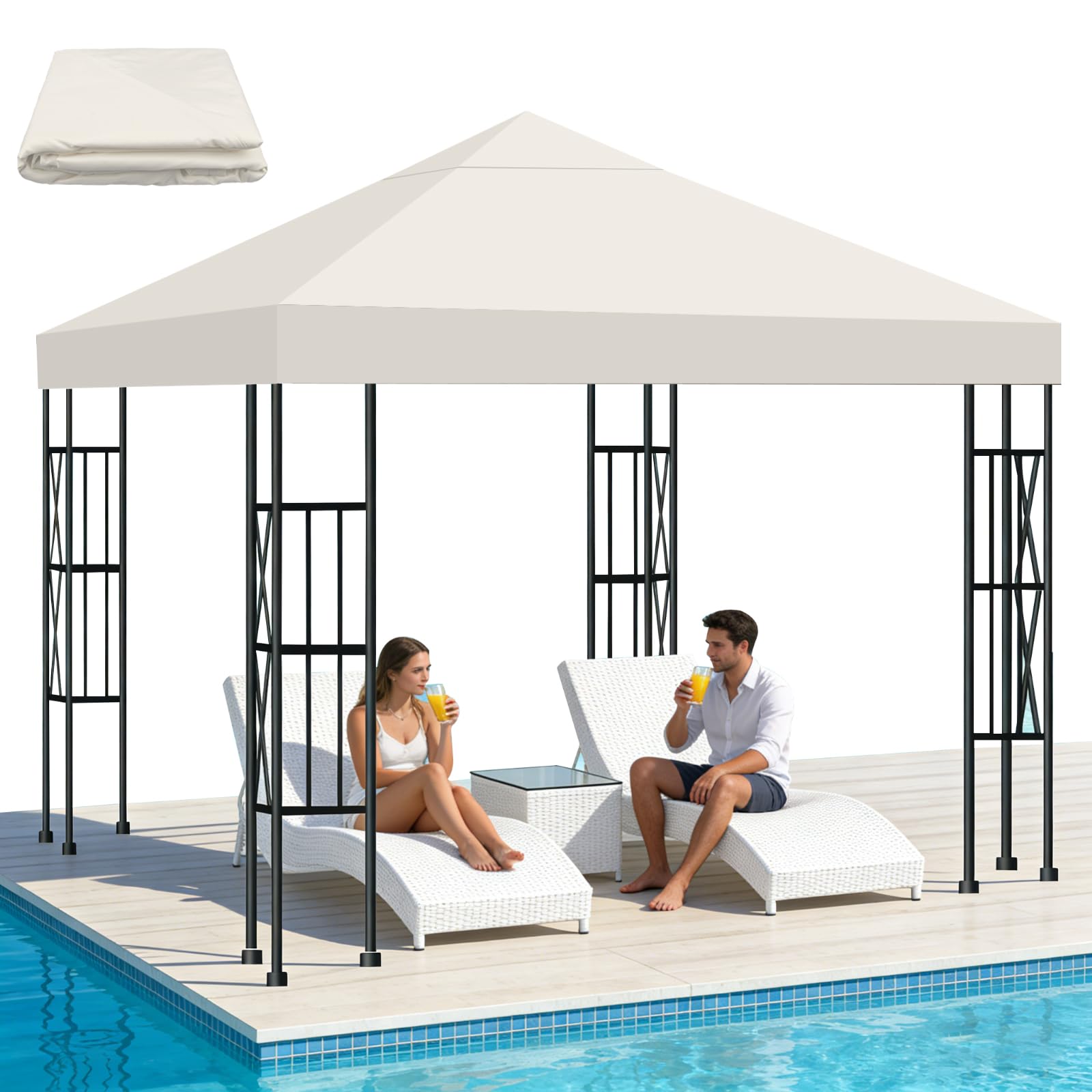 Toldo Recambio 3x3 m Pergola, Techo Repuesto para Cenador Impermeable 300D Protección UV, Funda Transpirable para Pérgola de Jardín, Reemplazo Resistente al Viento para Gazebo Exterior, Beige