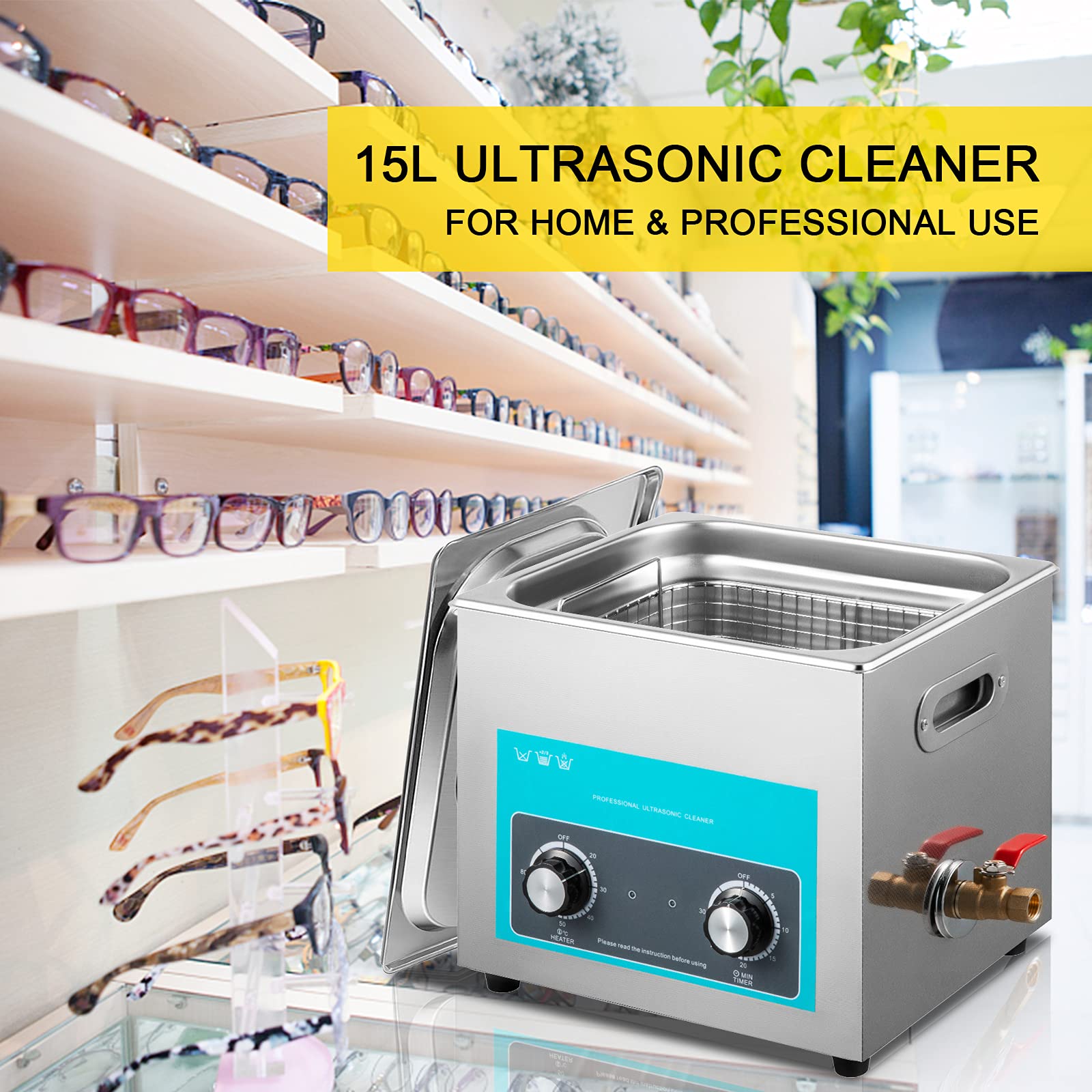 VEVOR Knob Control Ultrasonic - Pulitore ultrasonico ad ultrasuoni, 15 l, dispositivo di pulizia ad ultrasuoni con riscaldamento, pulitore a ultrasuoni ad ultrasuoni 220 V, pulitore digitale ad