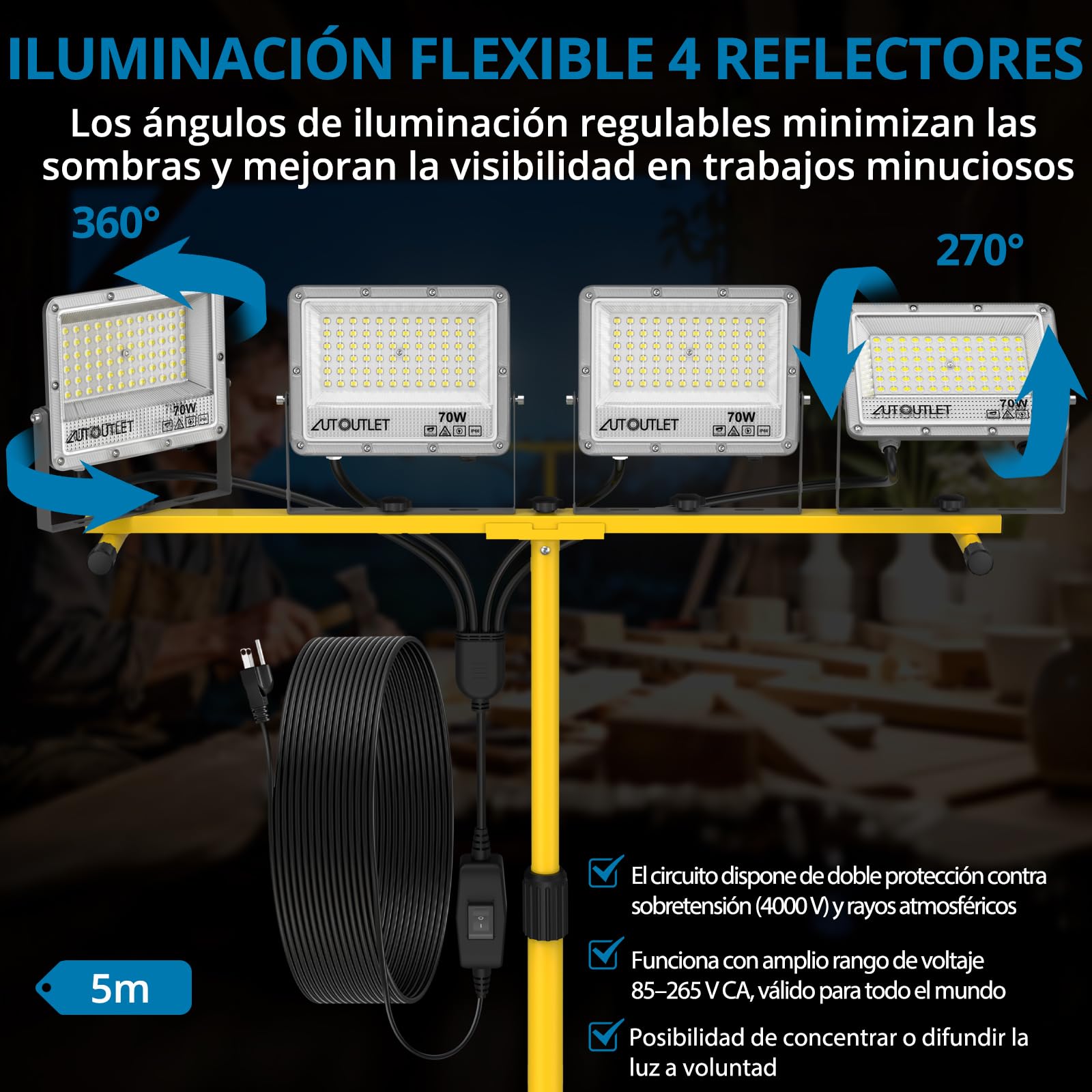 AUTOUTLET Foco de Trabajo Cabezales Rotación de 360° 6500K, Impermeable IP66 Con Cable 5m y Trípode Ajustable para Construcción,Acampada,Taller (4x70w)