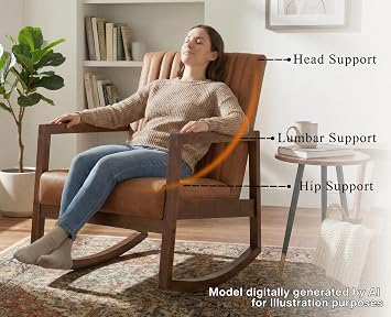 CIMOTA Leather Modern Rocking Chair Mid Century Armchair Upholstered Arm Chair with Padded Seat/Wood Frame, Comfy Rocker for Living Room/Bedroom, Retro Brown PU