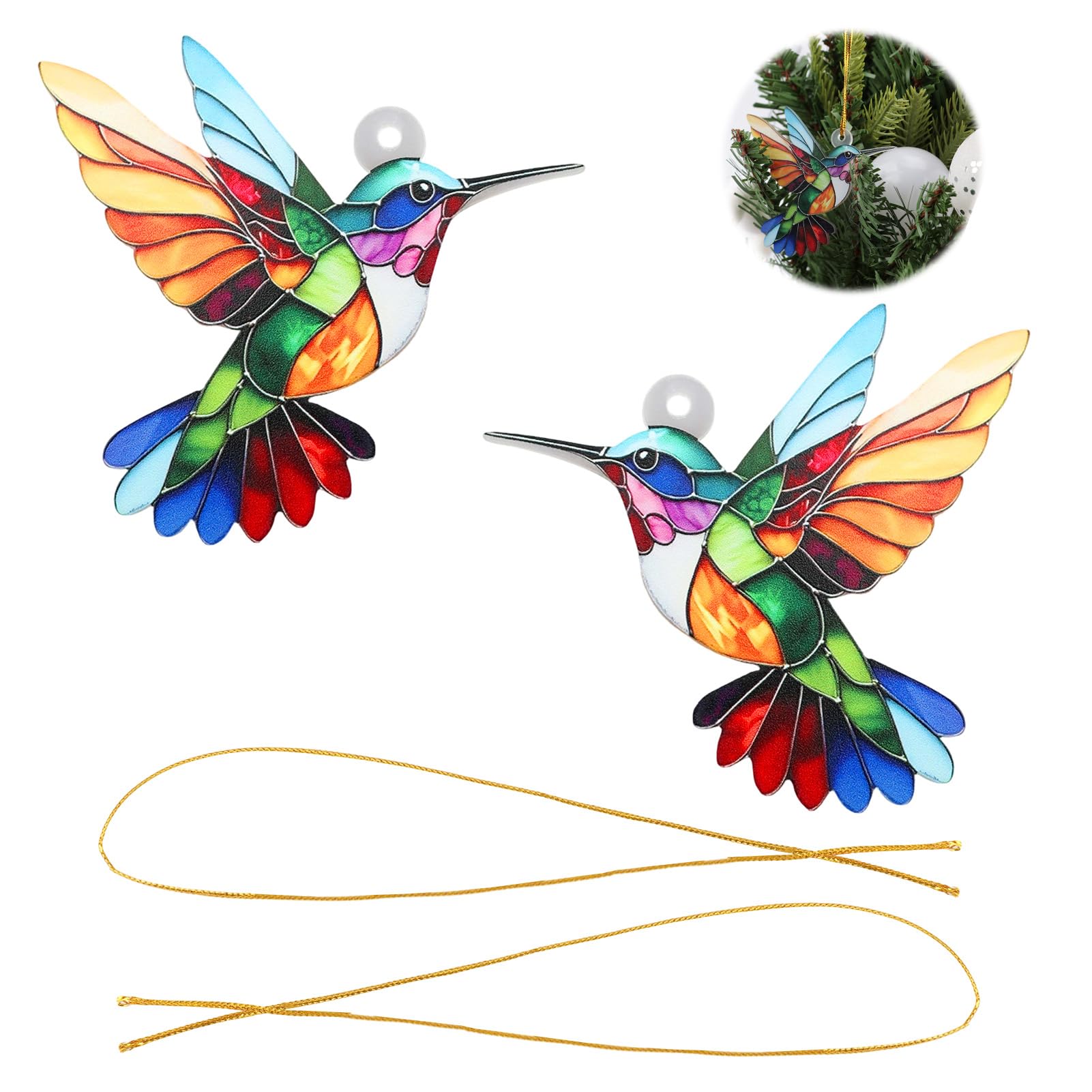 Kolibri-Weihnachtsbaumschmuck, künstliches Buntglas-Acryl-Dekor, zum Aufhängen für Baum, Fenster, Garten, Auto, Kolibri, Geschenke für Frauen, Vogelliebhaber, Urlaubsandenken, 2 Stück