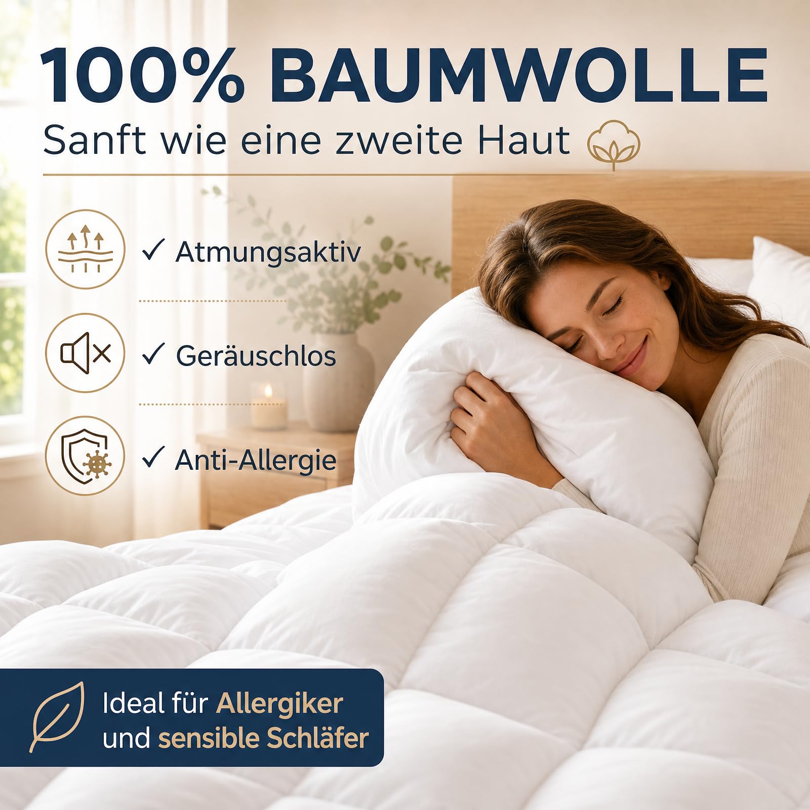 Daunendecke 200x200 Ganzjahres Bettdecke, Daunen, 100% Baumwolle Bezug, atmungsaktiv, Oeko-TEX Standard 100 Zertifiziert, leichte warme Bettdecke für Winter & Sommer, ideal für Allergiker