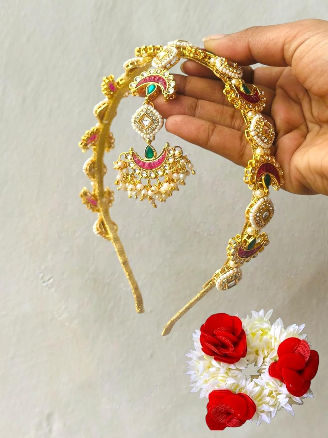 Kundan Headband Sabyasachi Inspired Indian Hairband with Attached Maang Tika/Borla, Matha patti Sheeshpatti Tikka & Scented Gajra Scrunchies Hair Accessory Women (Full headband)