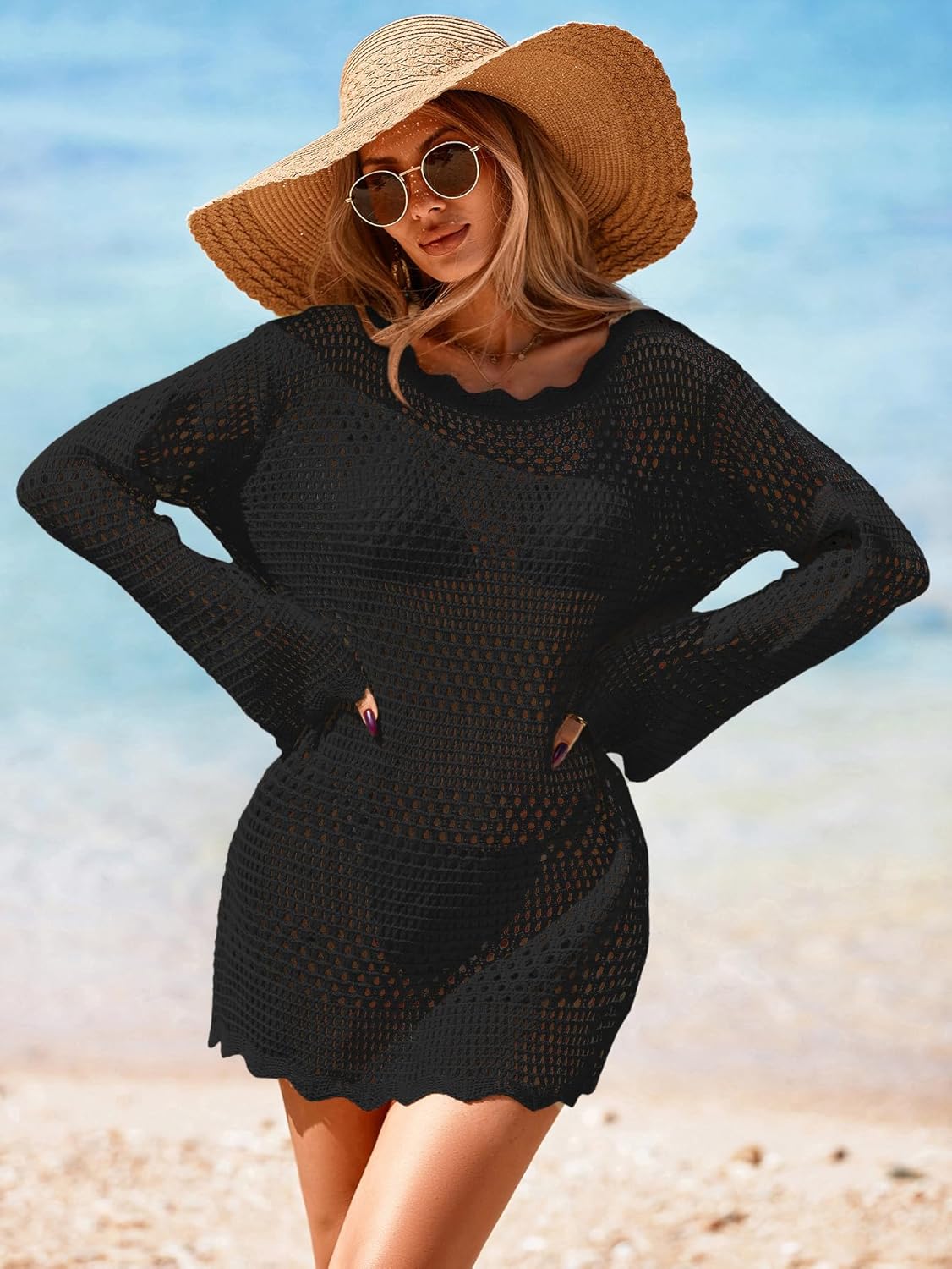 Womens Crochet Knit Swimsuit Coverup Mini Dress Summer 2026 Boat Neck Wavy Trim Beach Bathing Suit Cover Up - Image 4