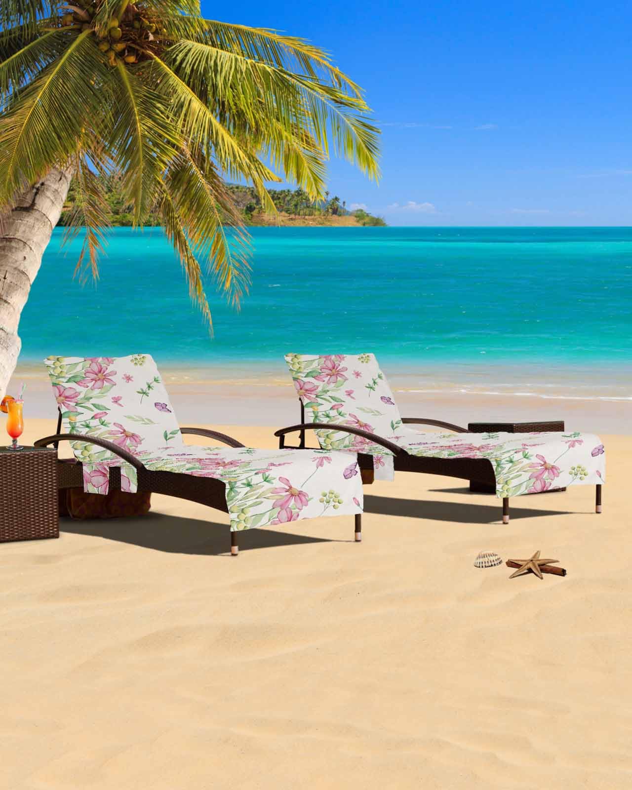 Flower Leaves Beach Chair Cover with Side Pockets, Microfiber & Quick Dry Pool Chaise Lounge Chair Towels Covers for Sun Sunbathing Patio Garden Hotel, Pink Green Red Pink Botanical Herb Farmhouse