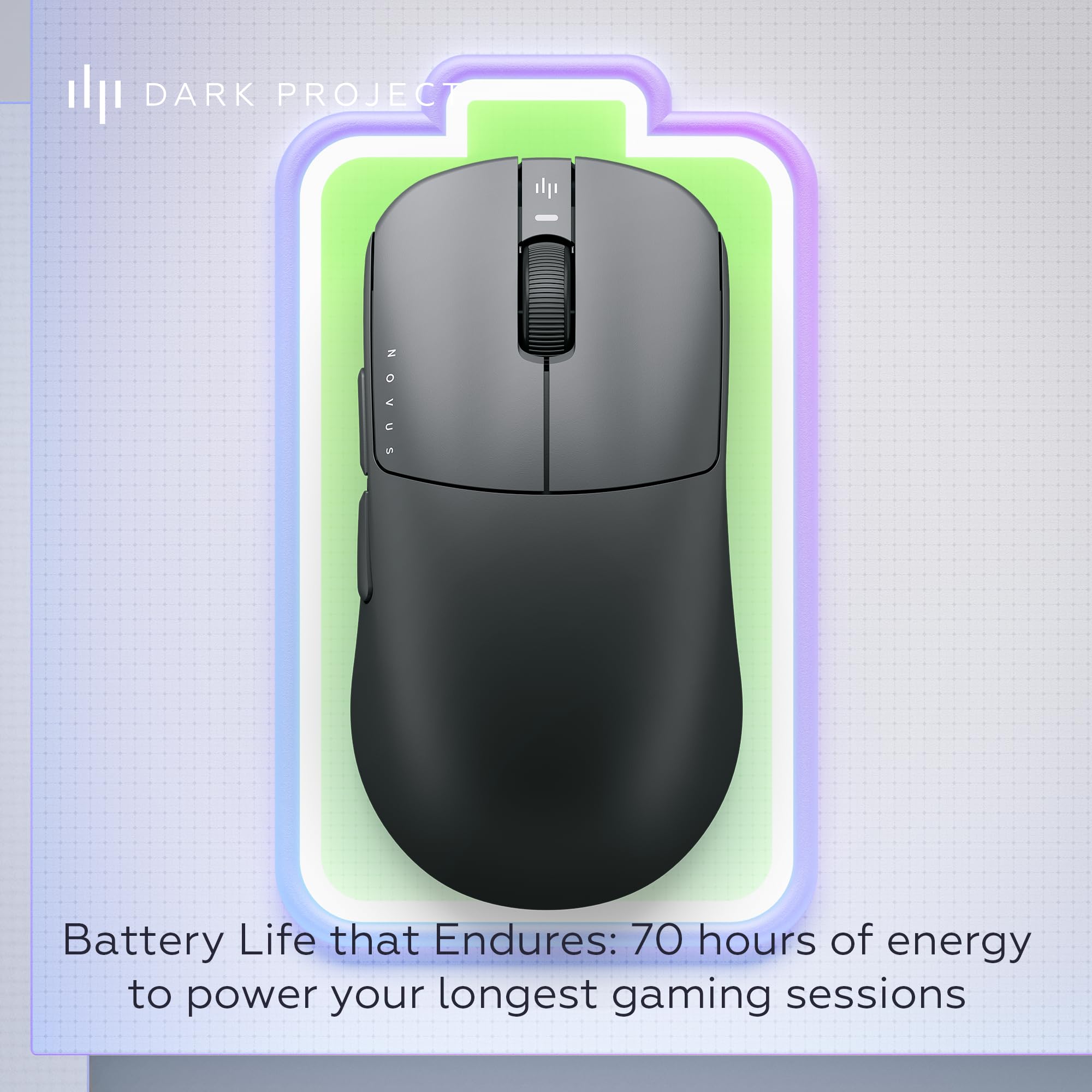 Dark Project Novus - Ratón inalámbrico para juegos | Ultraligero 51 g | PixArt PAW3395 | 26K DPI | Velocidad de sondeo de 2K Hz | 6 botones programables | Hasta 70 horas de duración de la batería