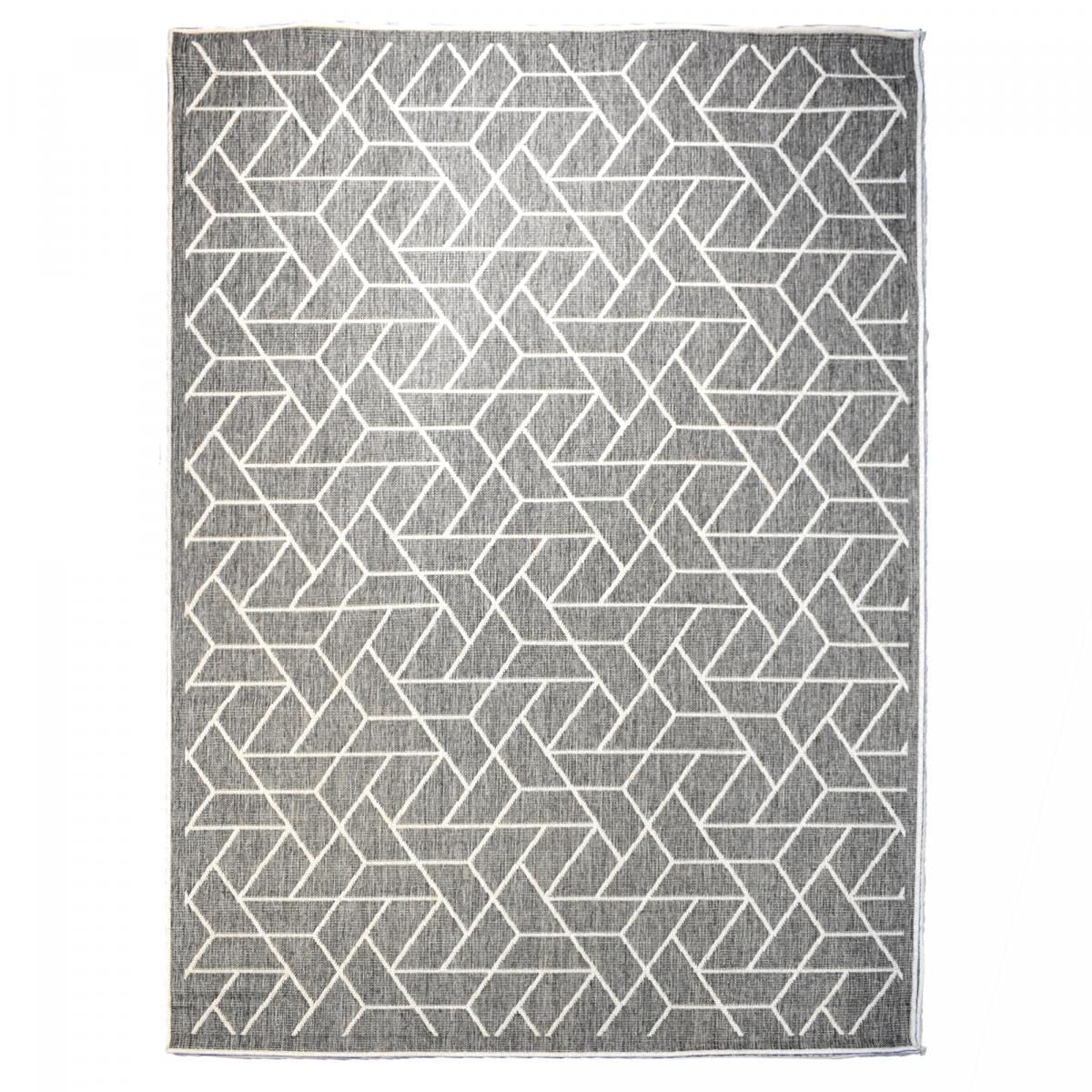 UnAmourDeTapis Tapis Exterieur, 120 X 170 Cm, Motif Géométrique Graphique, Argent, Écru, Tissage Kilim Réversible, Fabriqué en Belgique, pour Terrasse Jardin, 6366