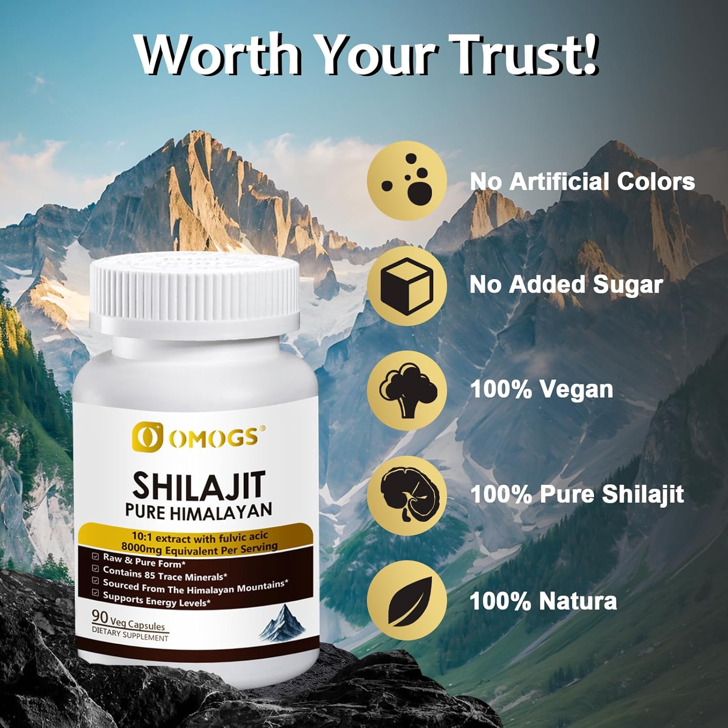 OMOGS Shilajit Pure Himalayan Organic Shilajit Capsules, with Fulvic Acid & 85+ Trace Minerals Complex for Energy, Strength, Stamin & Immunity, for Men/Women - 90 Veg Capsules - Image 6