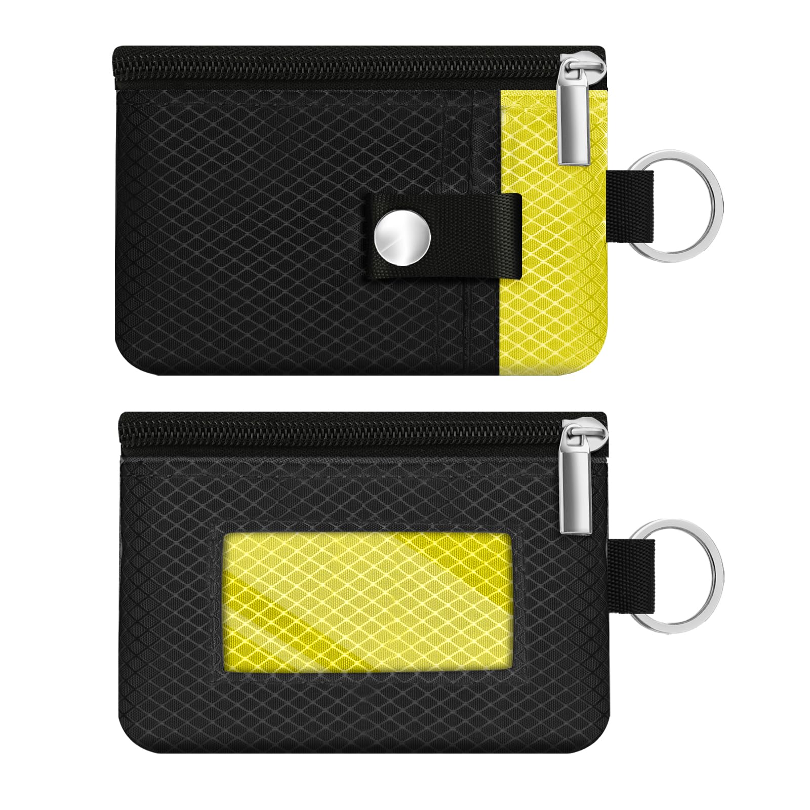 Minimalist RFID Blocking Small Wallet with ID Window,WaterResistant Zip Id Case Wallet with Lanyard Keychain for Cards,Cash,Travel,Women,Men (Black/Lemon Yellow)