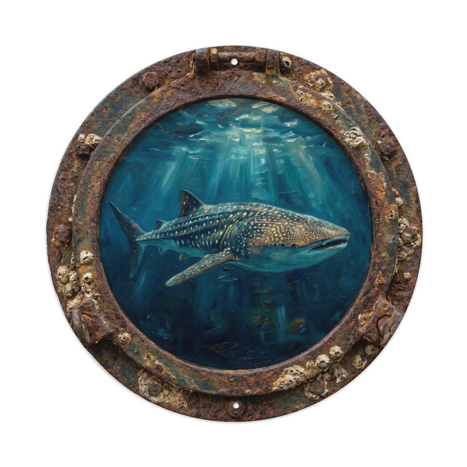 Fyrn Style Metal Tin Sign Vintage Porthole Whale Shark Gentle Ship Window Undersea Deep Sea