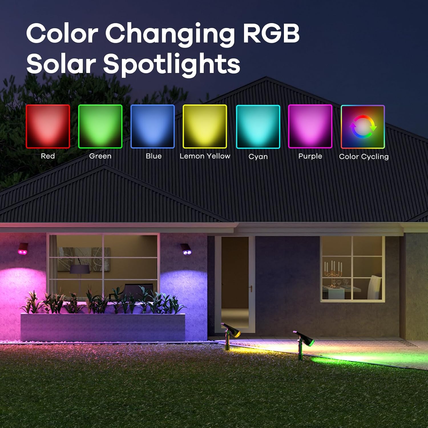 Consciot Solar Color Changing Outdoor Spotlights, 7 Lighting Modes Outside Solar Lights Waterproof IP67, Multicolor Christmas Decorations Landscape Lights for Pathway Patio Fence, Auto On/Off, 2 Pack