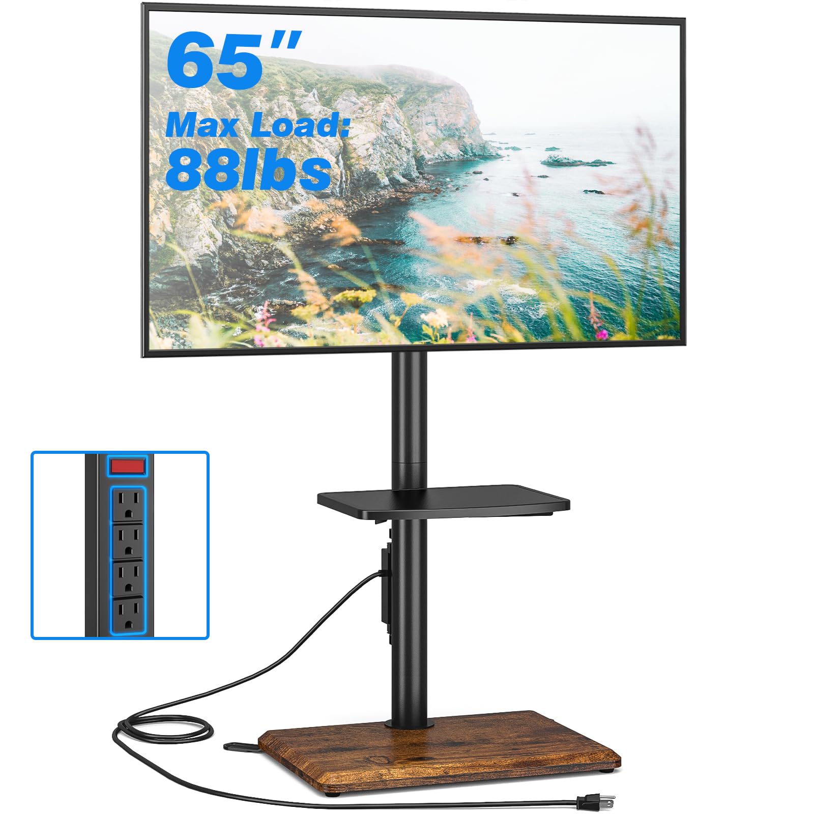 Rfiver Floor TV Stand with Power Outlet for 32-65 inch TVs up to 88 lbs, Swivel TV Mount Stand with Height Adjustment and Oak Wood Base for Bedroom, Office, Corner, Max VESA 400x400mm