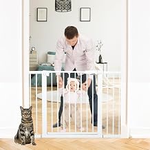 Metal Baby Gate Dog Gate Meteorite White 85.6-105.2 Inch Extra Wide Pet Gate for Stairs Doorways Pressure Mounted Walk Thru Child Gate with Door NO Need Tools NO Drilling with Wall Cups