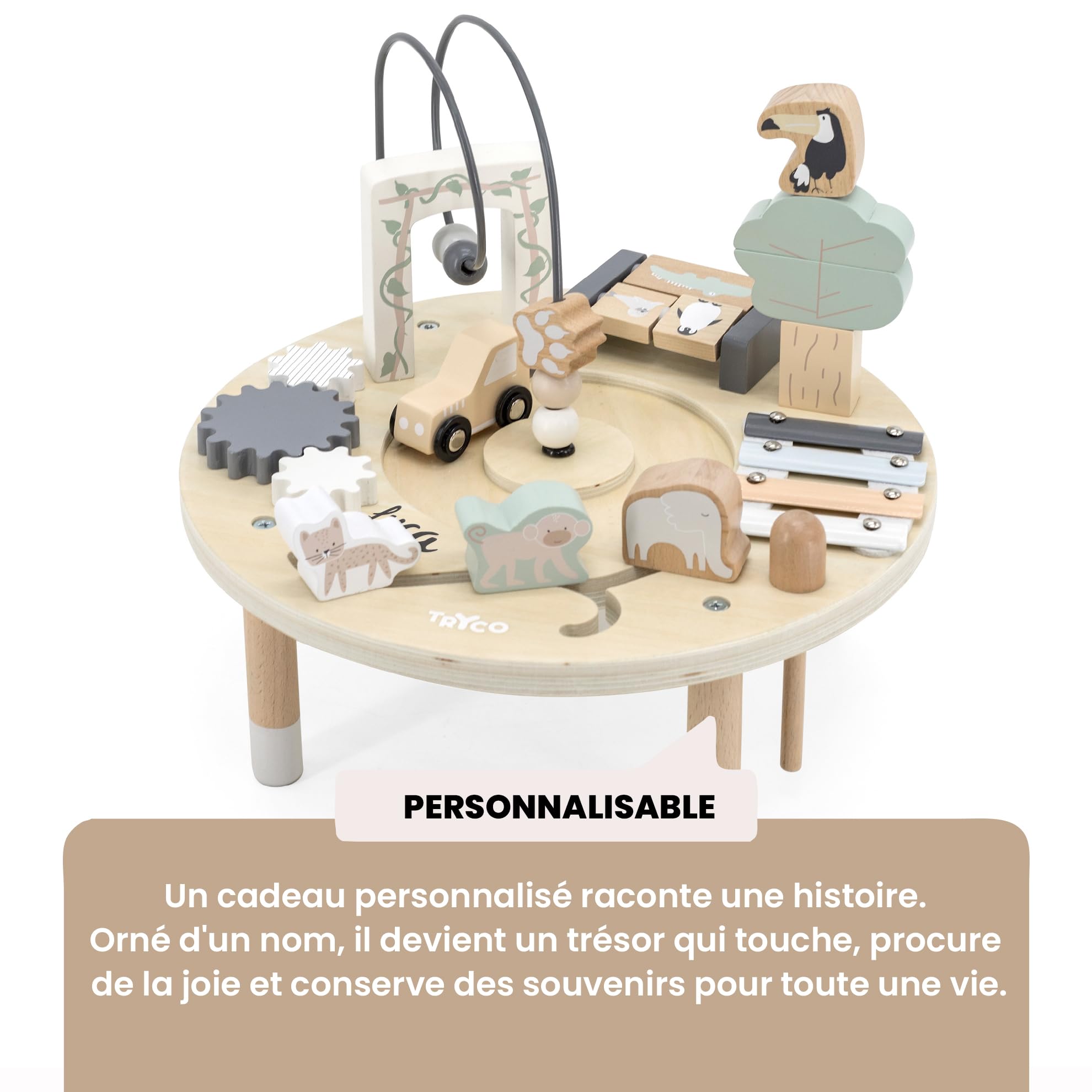 Personnalisable Table d’activités en Bois – Jeux de motricité & apprentissages – pour bébés & Tout-Petits – personnalisée avec prénom – Tryco