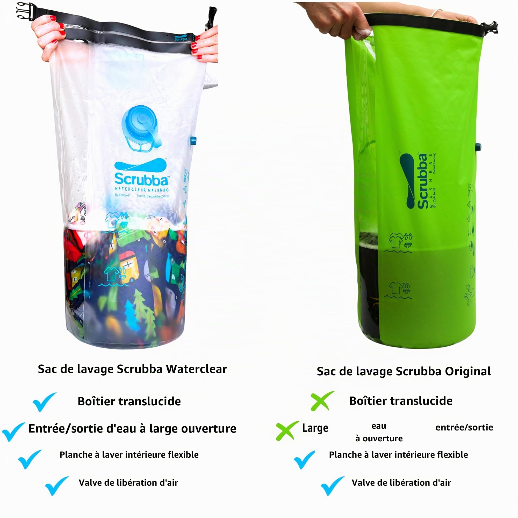 Scrubba WATERCLEAR Sac de Lavage Portable – Machine à laver manuelle légère avec grande ouverture pour rinçage facile – Idéal pour camping, hôtels, lessive & bébés – 195g