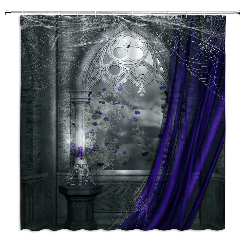 AMHNF Gothic Shower Curtain Vintage Castle Rose Flower Spider Web Skull Skeleton Horror Halloween Retro Window Bathroom Decor Fabric Curtain with Hooks