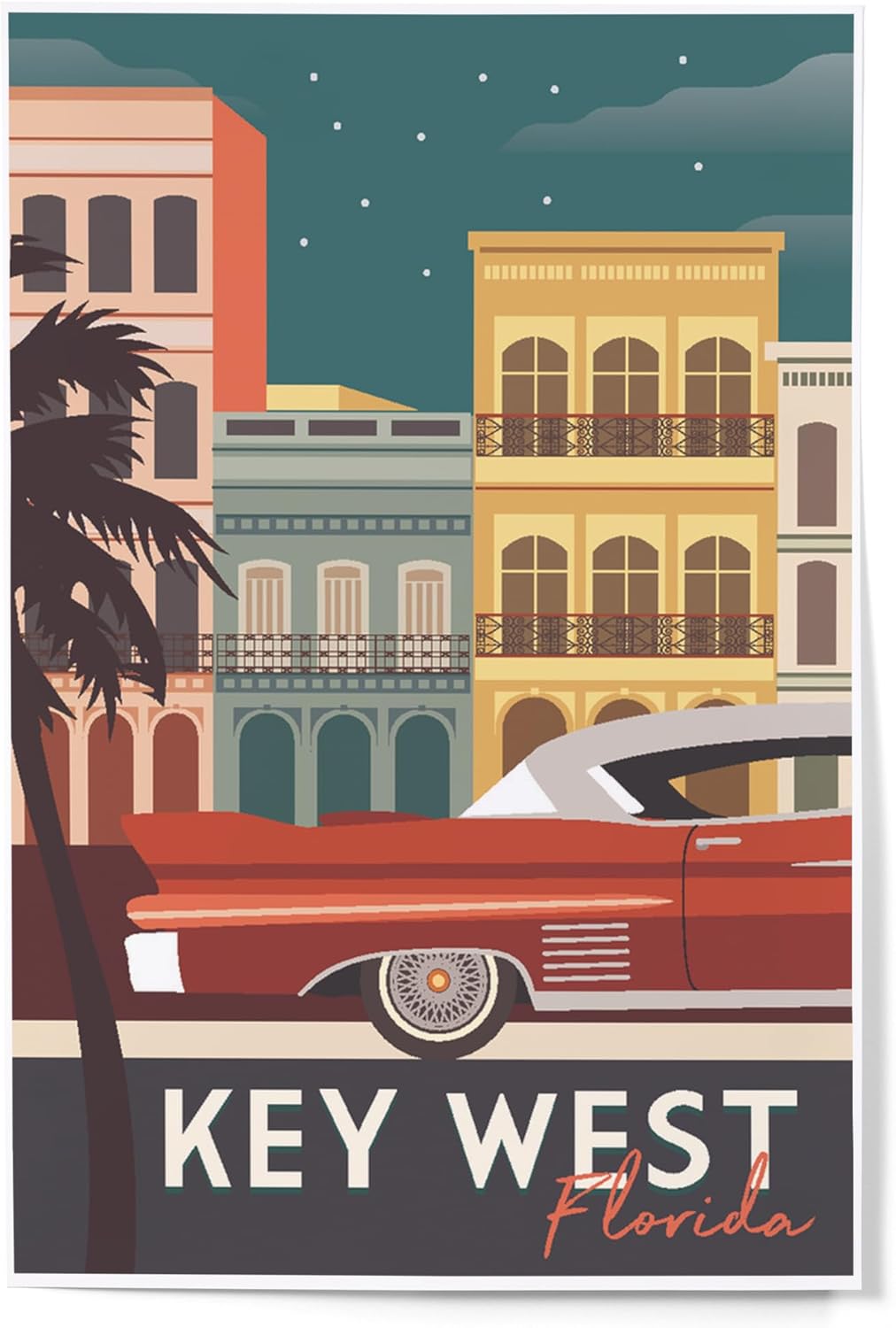 Lantern Press Decoración de pared de impresión artística de 12 x 18 pulgadas, Key West, Florida, edificios y coche vintage, vector
