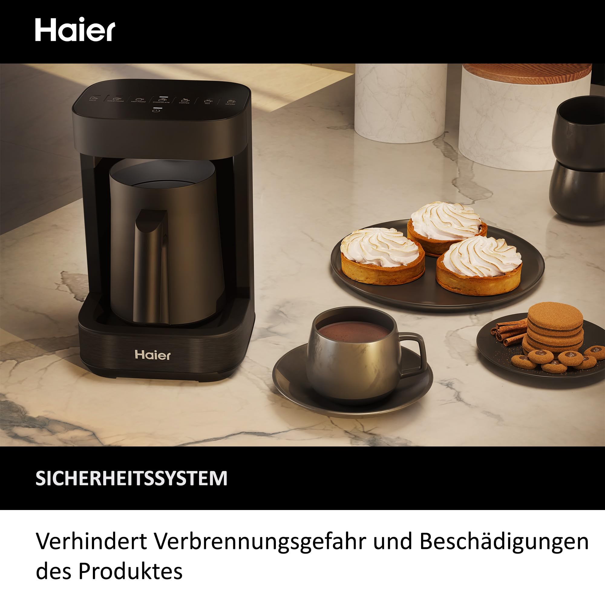 Haier Teekocher & Milchaufschäumer in einem I Multi-Getränke Zubereiter mit integrierter Teemaschine & Milchschäumer I Viele Programme für Kaffee, Heiße Schokolade, Tee & Aufguss [Serie 5 - HMB5A]