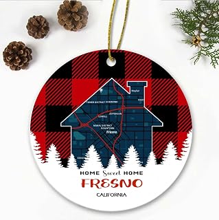 Home Sweet Home Fresno California Ornament Map City, State - Fresno Ornament New Home - Home Housewarming Gift Christmas Holiday Ornament 3 Inch Plastic