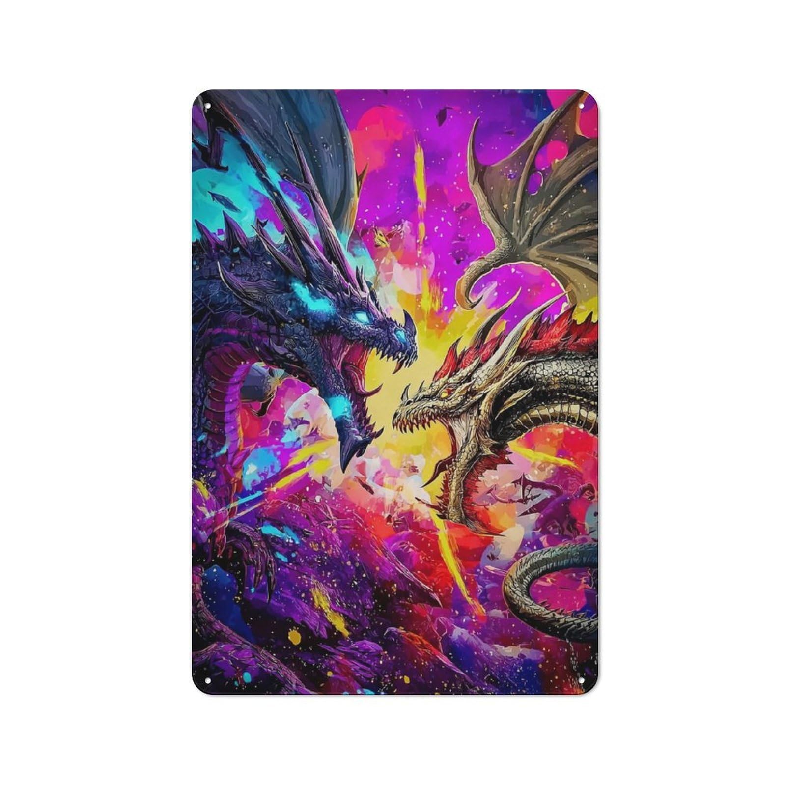 Modern Retro Dragons in Colorful Battle Metal Wall Art Sign 30x20cm, Studio Wall Art for Modern Home, Workshop, Office Or Cafe