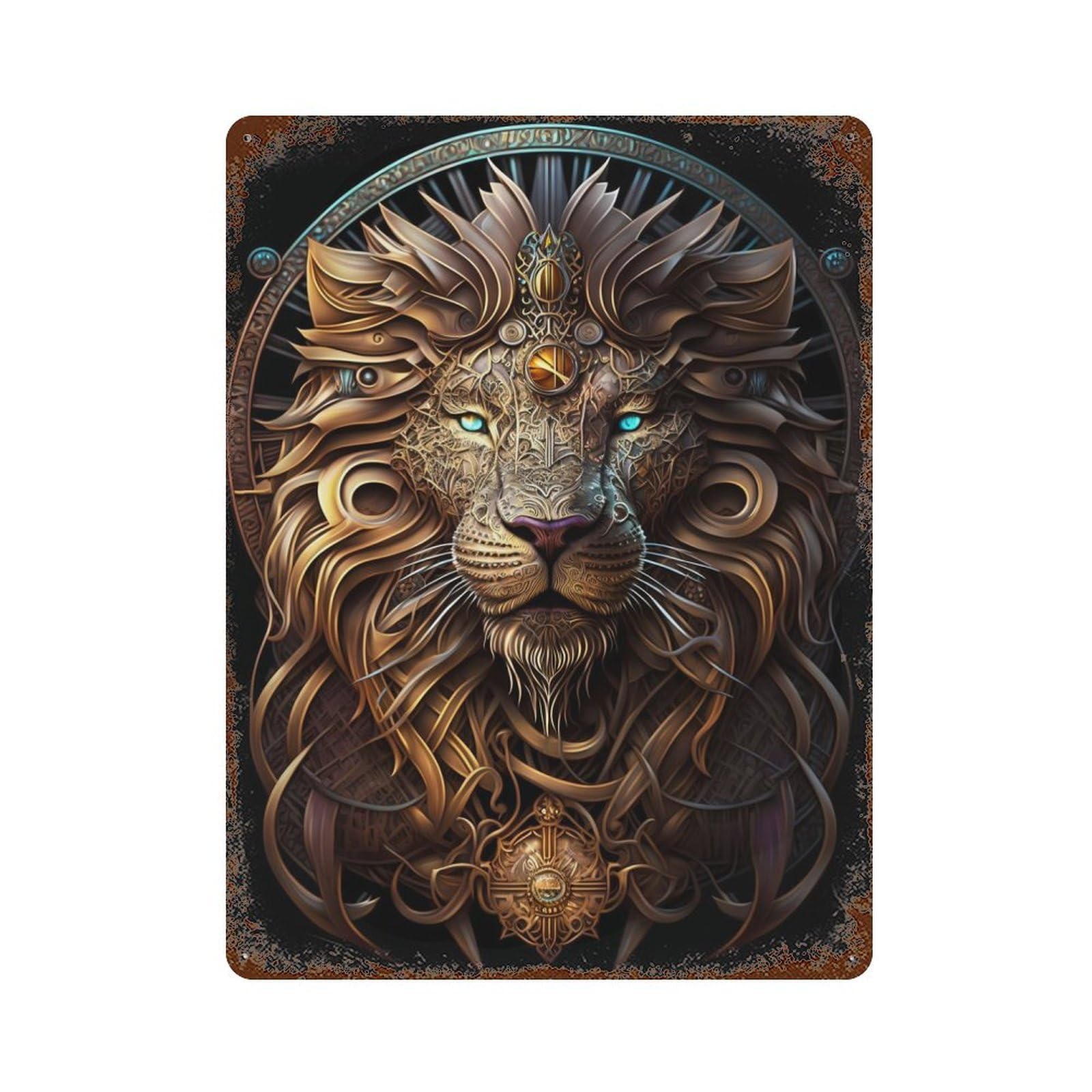 Mystical Cosmic Lion Aged Metal Wall Plaque 15.7"x11.8", Farmhouse Wall Decor for Office, Studio And Wall Decor