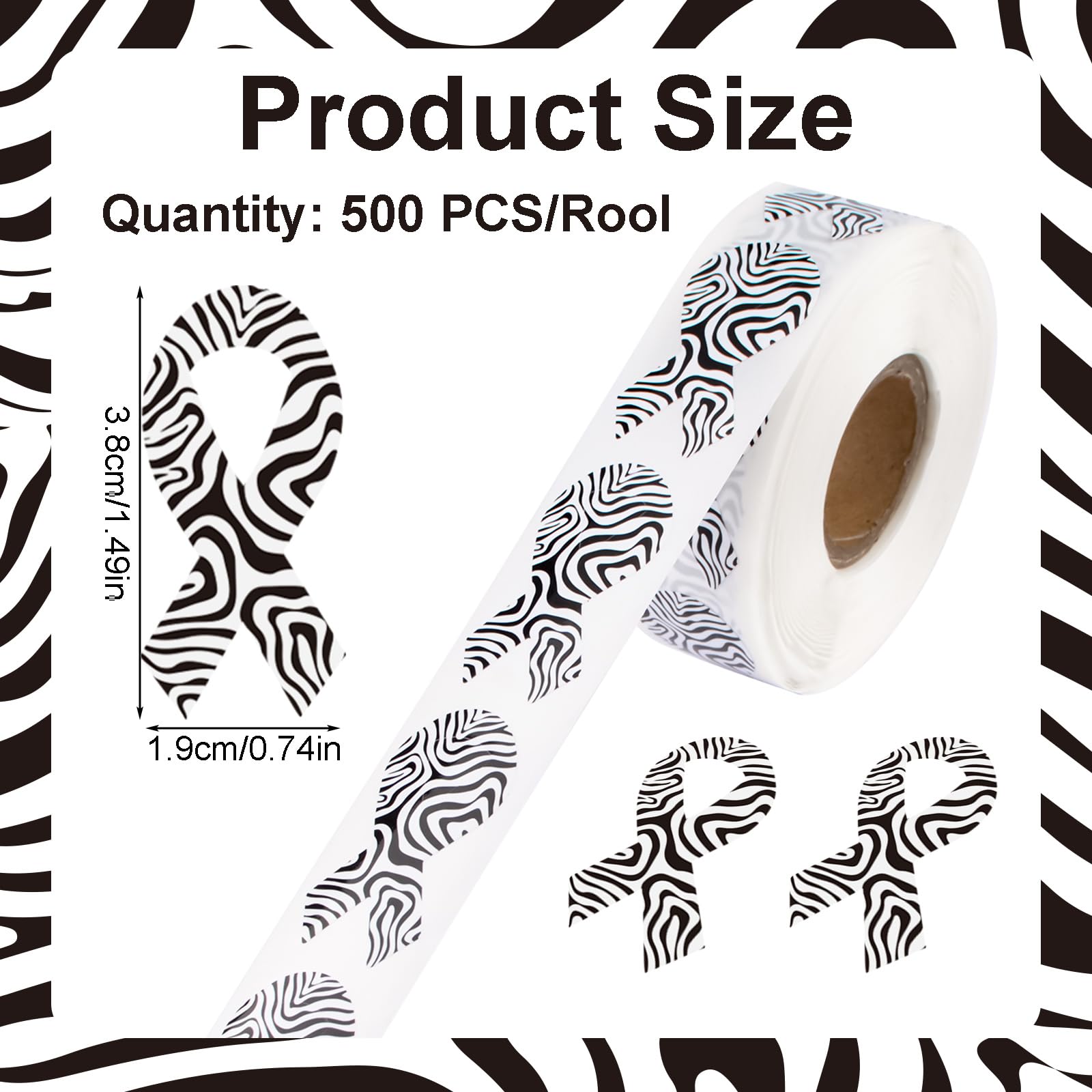 WANDIC 500 PCS Ribbon Sticker Roll Black White Zebra Ribbon Decal Rare Disease Carcinoid Awareness Care Stickers,for Social Charitable Activities,1.9 * 3.8cm - Image 2
