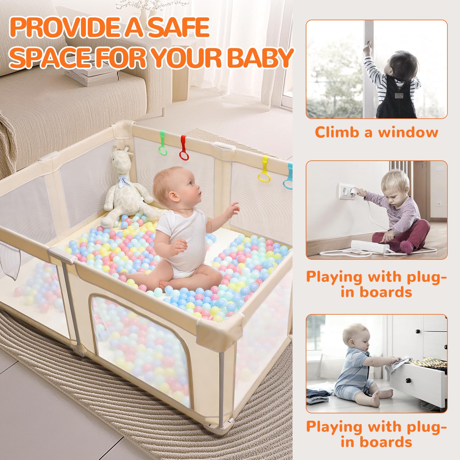Parc pliable pour bébés et tout-petits, extra large avec portail, centre d'activités pour bébé avec clôture, parc de jeu de voyage (kaki 150 cm x 180 cm)