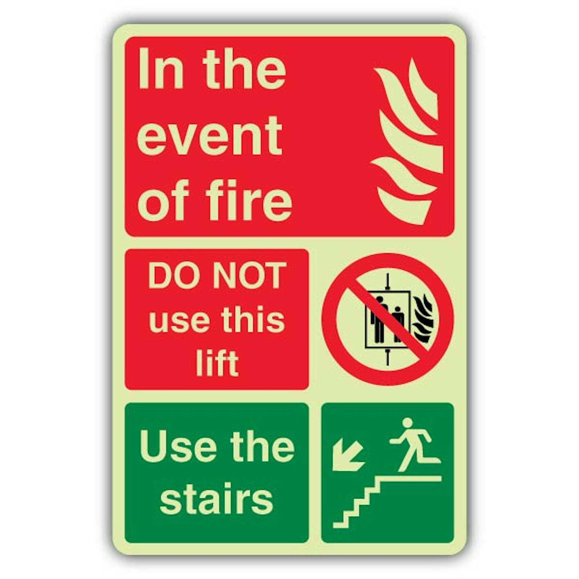 V Safety - Señal de seguridad que brilla en la oscuridad en caso de fuego, no utilices este ascensor, utiliza las escaleras, 300 x 450 mm, hecha de vinilo autoadhesivo de doble brillo, señalización de