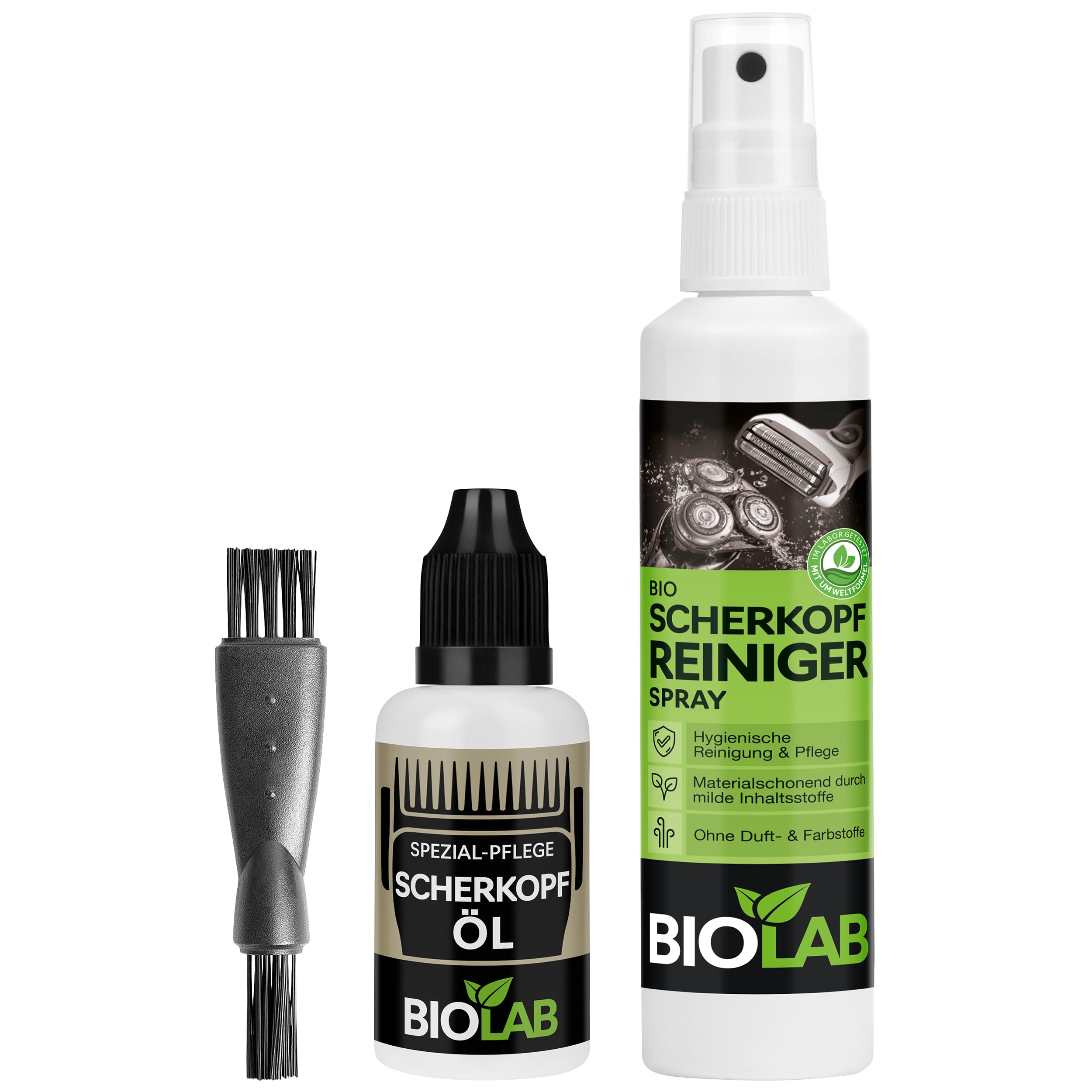 BIOLAB Kit de nettoyage et d'entretien pour tête de rasage – Huile pour tête de rasage (30 ml), spray nettoyant pour tête de rasage (100 ml) + brosse de nettoyage pour rasoir, tondeuse à cheveux et
