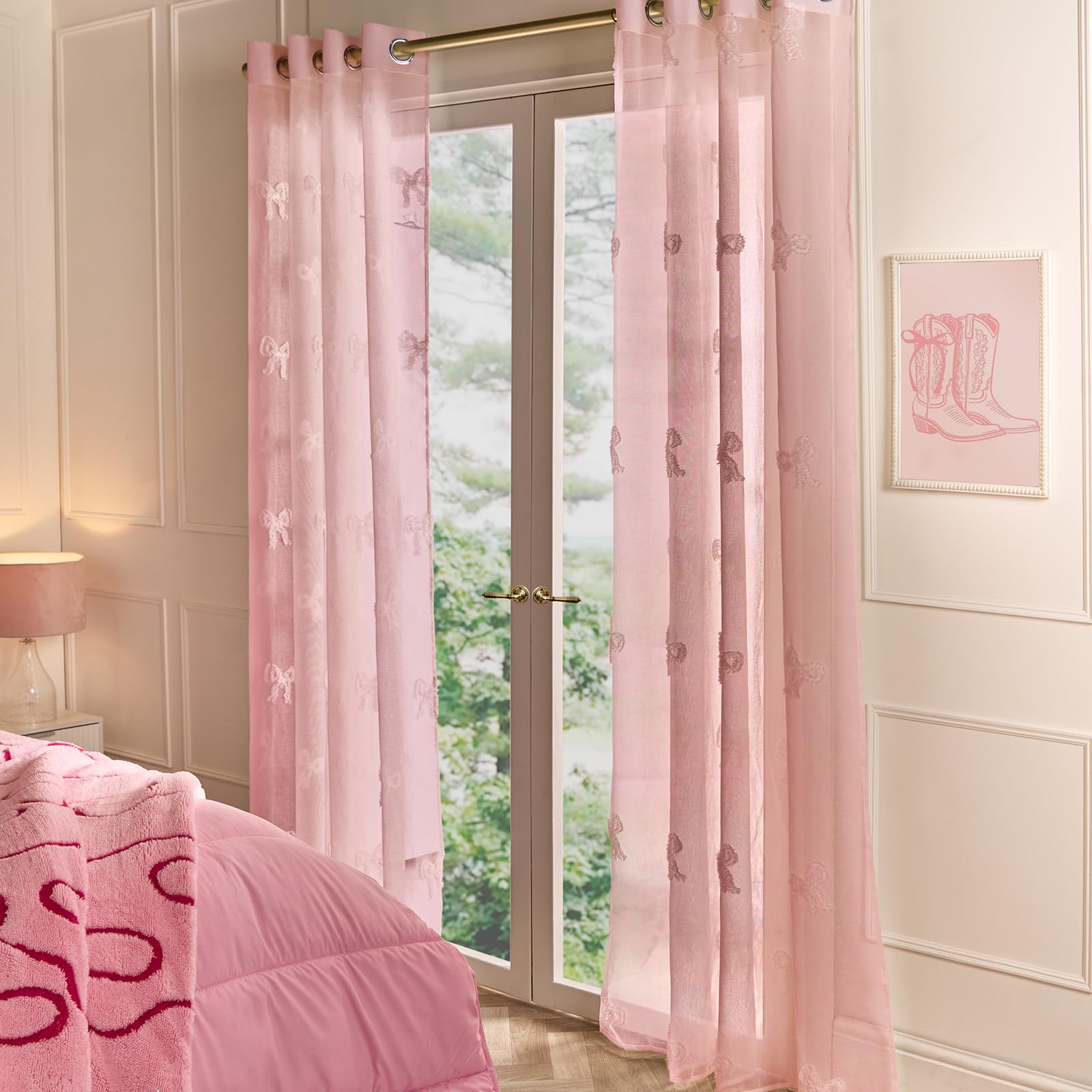 Ohs Pink Voile Curtains, 87 Drop 2 Panels Net Curtain For Windows Decorative Tufted Bows Slot Top Design Sheer Curtains For Living Room Bedroom 55" X 87",