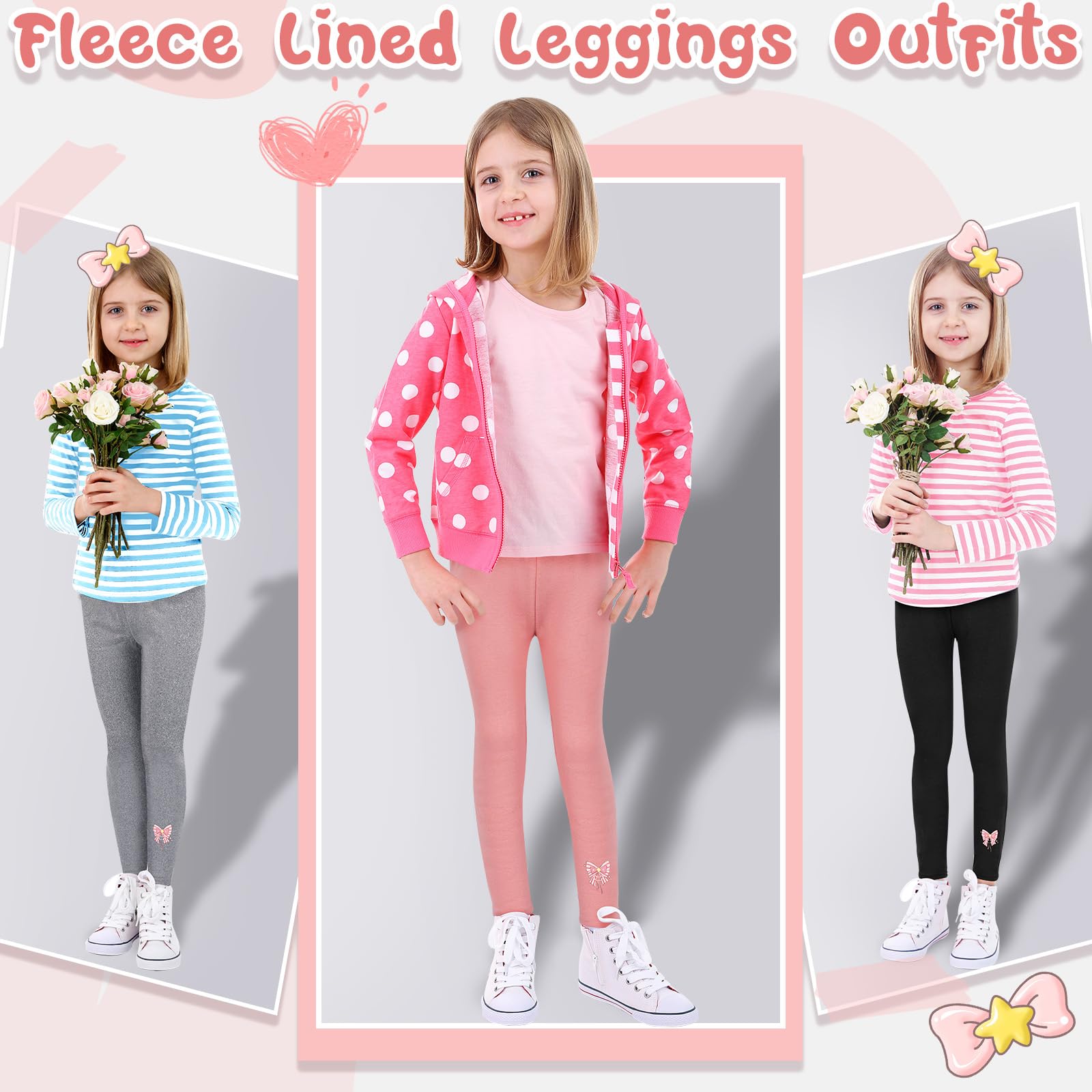 Twistover Winter-Leggings für Mädchen, mit Fleece gefüttert, Schleife, dicke Thermostrumpfhose, Baumwolle, volle Länge, 4 Stück