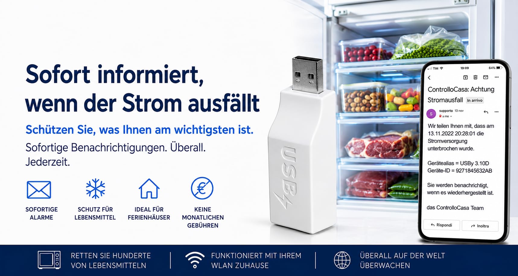 Stromausfall Melder | Stromausfall Alarm WLAN | Sofortige Warnung bei Stromausfall | Schutz für Gefrierschrank, Kühlschrank , Aquarium, Ferienhaus, Wohnmobil und Sicherheitssysteme | Ohne ABO