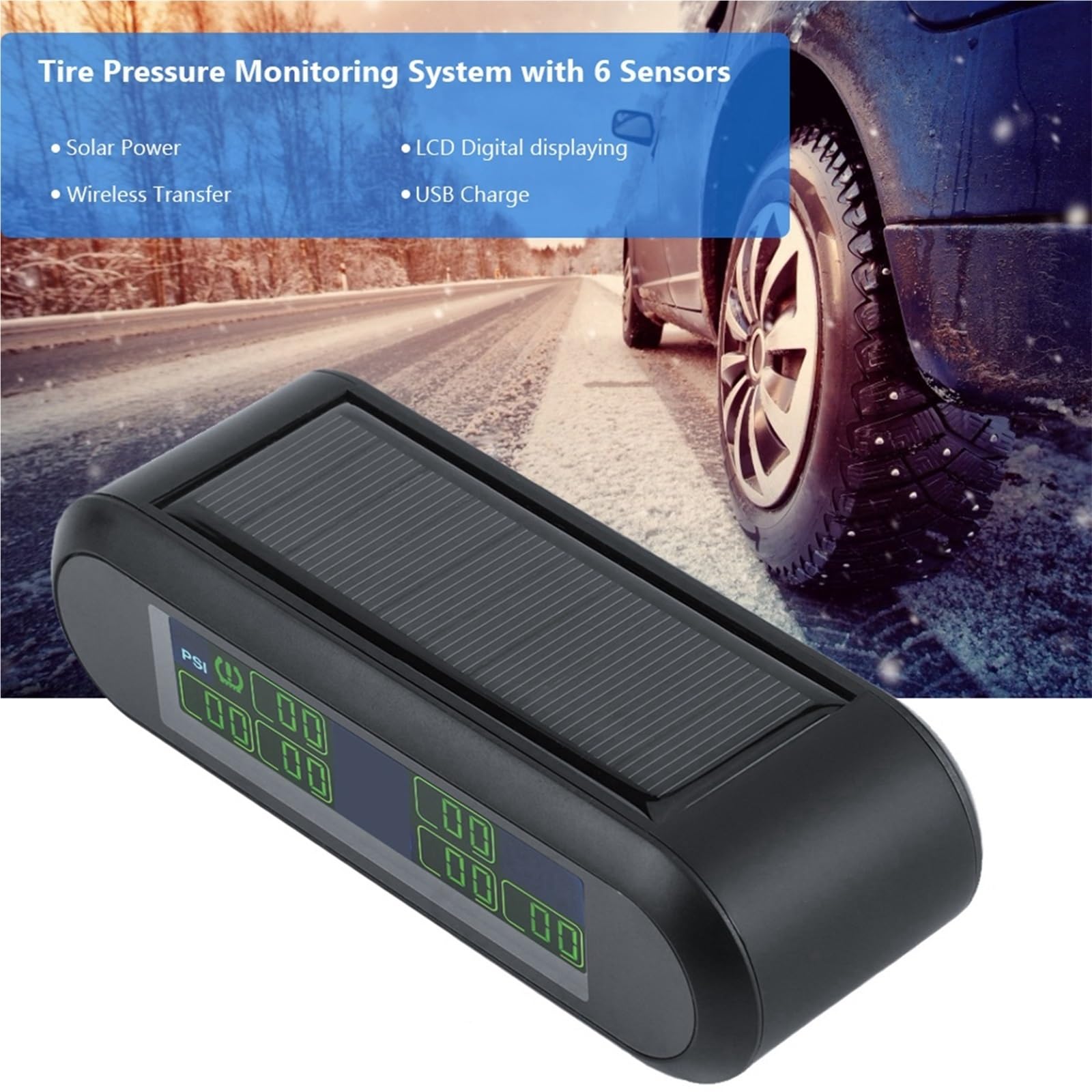Sistema de Control de Presión Monitor de presión de neumáticos para Coche, monitoreo de presión de neumáticos TPMS Solar inalámbrico para Coche, Alarma con 6 sensores externos