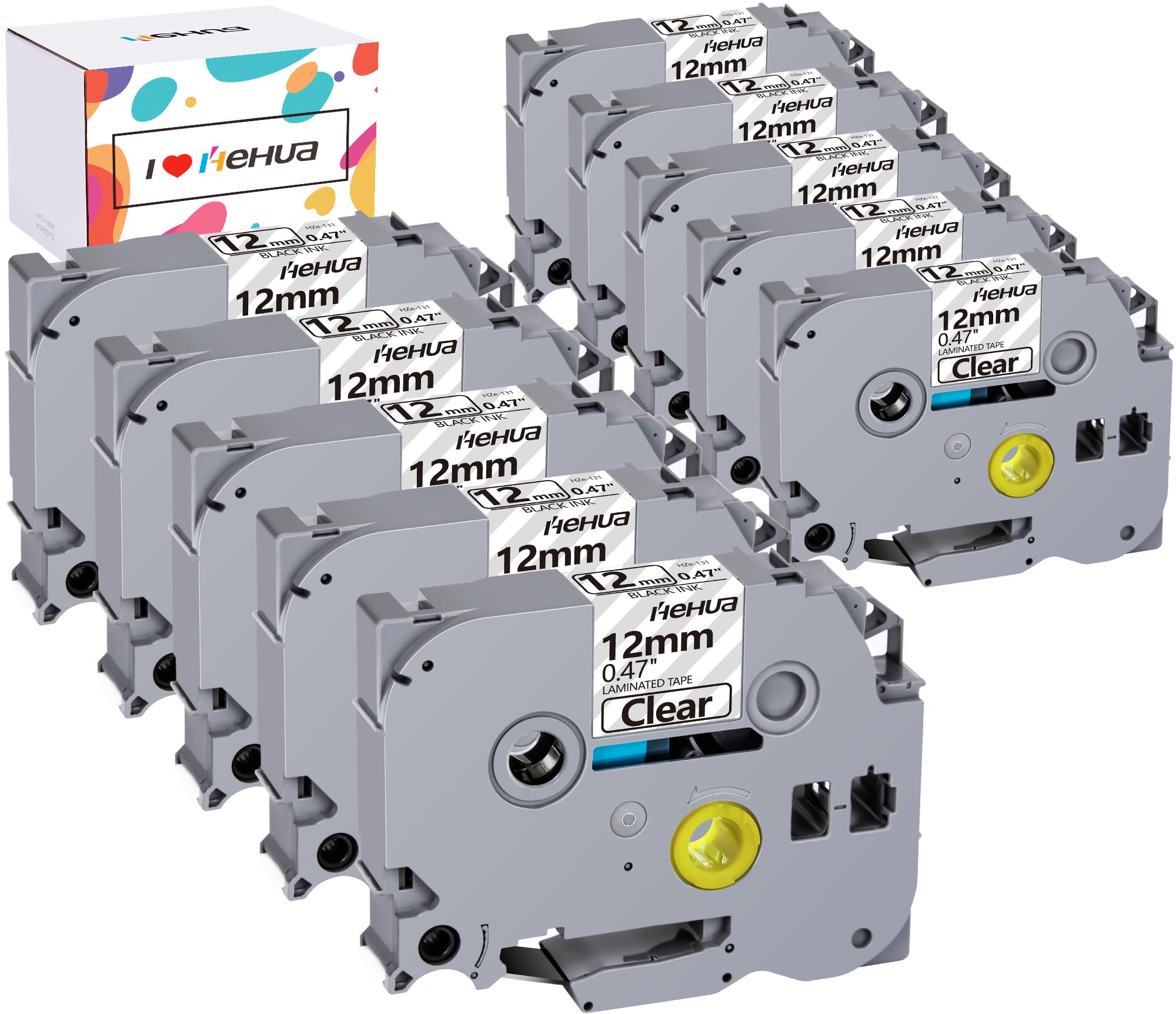 10 Pack Hehua Compatible 1/2" (0.47") Laminated Black on Clear Tape Replacement for Brother P Touch Label Maker TZe-131 TZe131 TZ131 TZ-131 Compatible