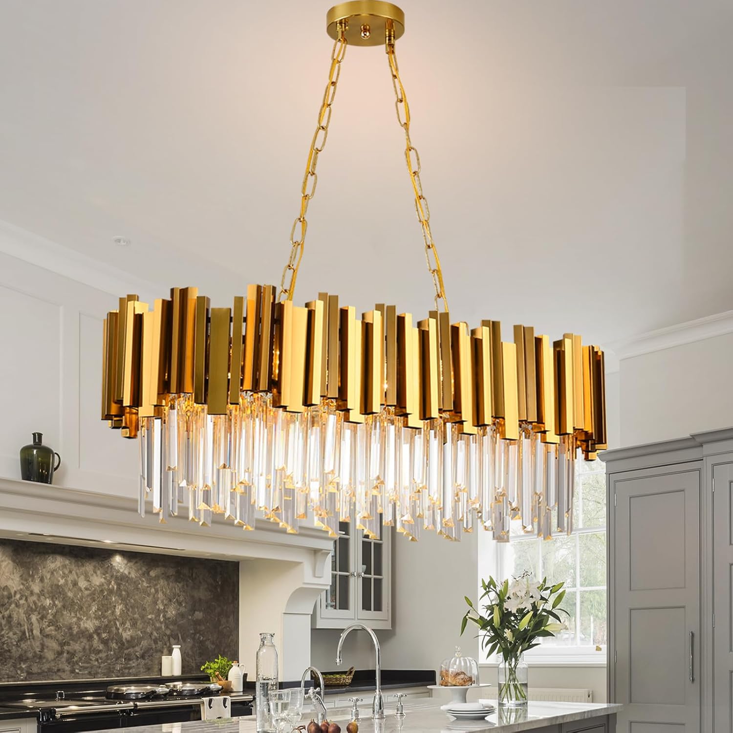 Crystal Chandeliers for Dining Room,Gold Chandeliers Modern Crystal Chandelier Pendant Light Fixture 8 Lights Contemporary Large Hanging Ceiling Light Fixtures for Living Room Kitchen Island L32"
