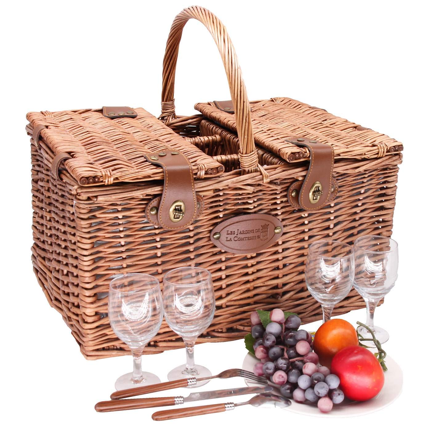 Les Jardins de la Comtesse – Cesta de picnic Saint Germain Vichy Bleu – 4 personas – Refrigerador isotérmico – Taquillas 3 botellas – Platos cerámica – 48 x 35 x 26 cm