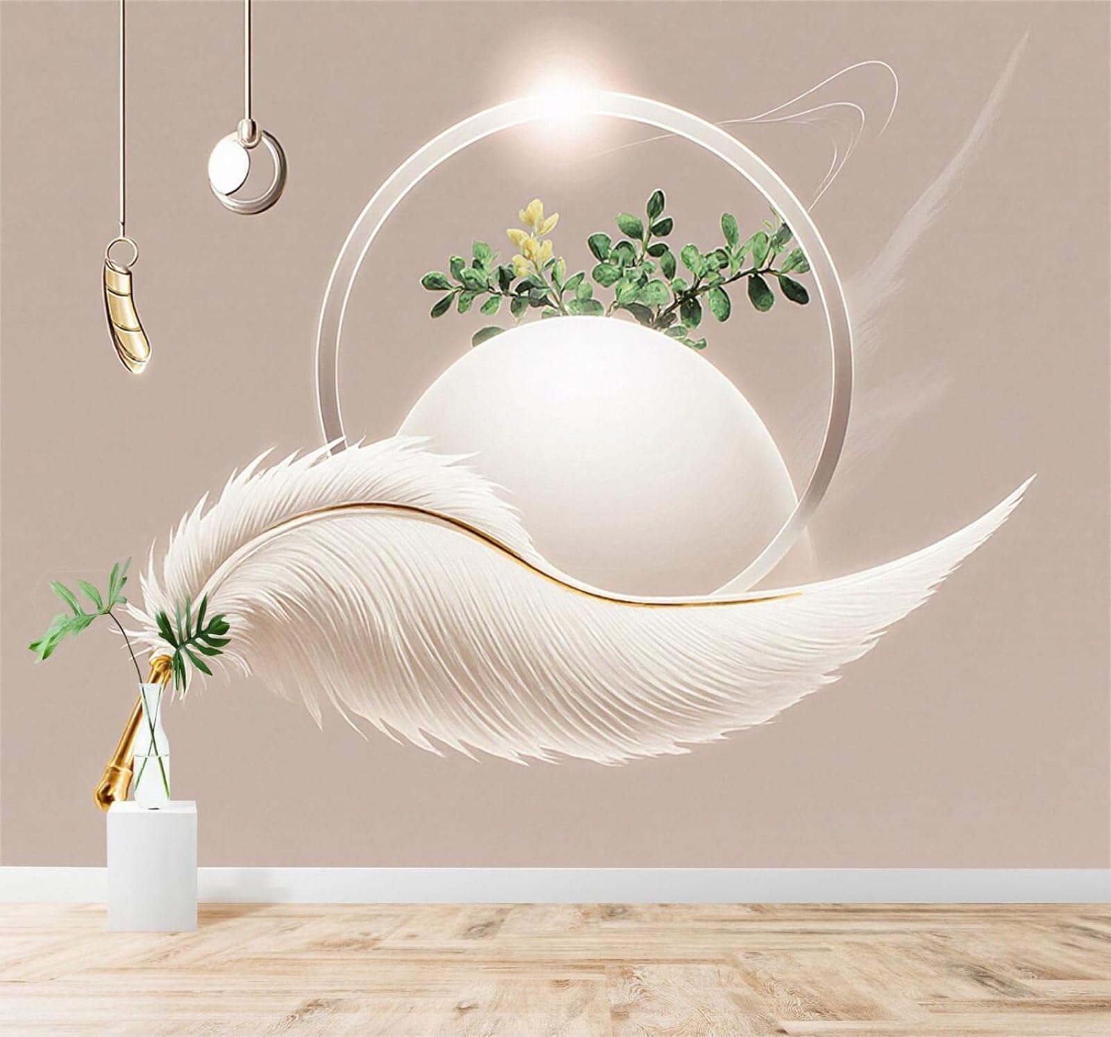 3D Papel Pintado Minimalista Plumas Blancas Círculos Geométricos Hojas