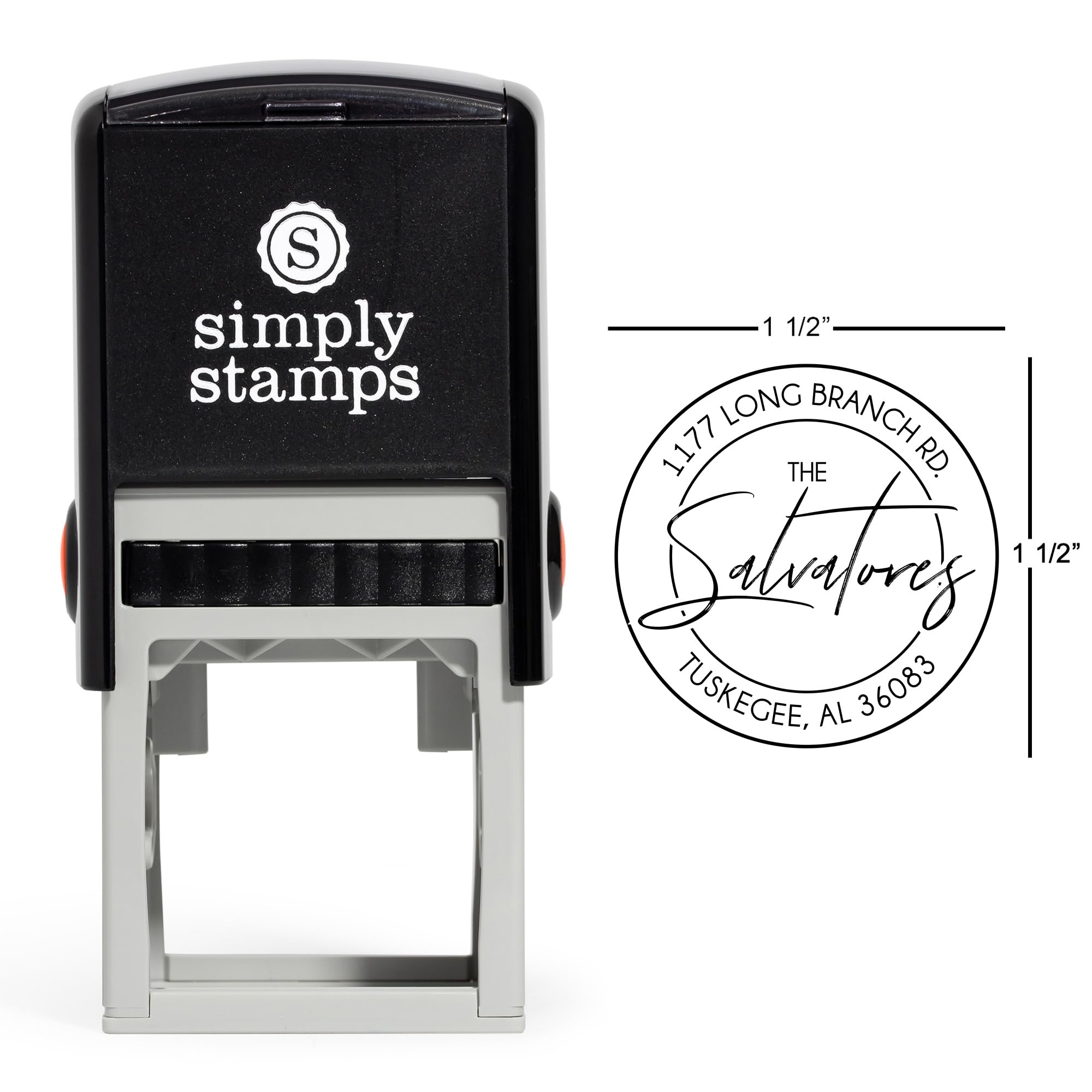 Custom Round Return Address Stamp | Self-Inking or Wood | Rubber Personalized Stamp with Multiple Fonts and Colors (Salvatore, Self-Inking)