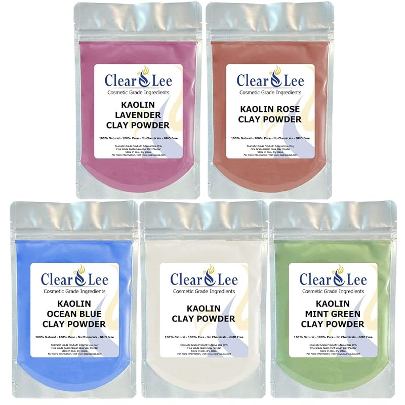ClearLee Pó de Argila Caulim para Uso Cosmético, 5 Cores, Pacote com 5