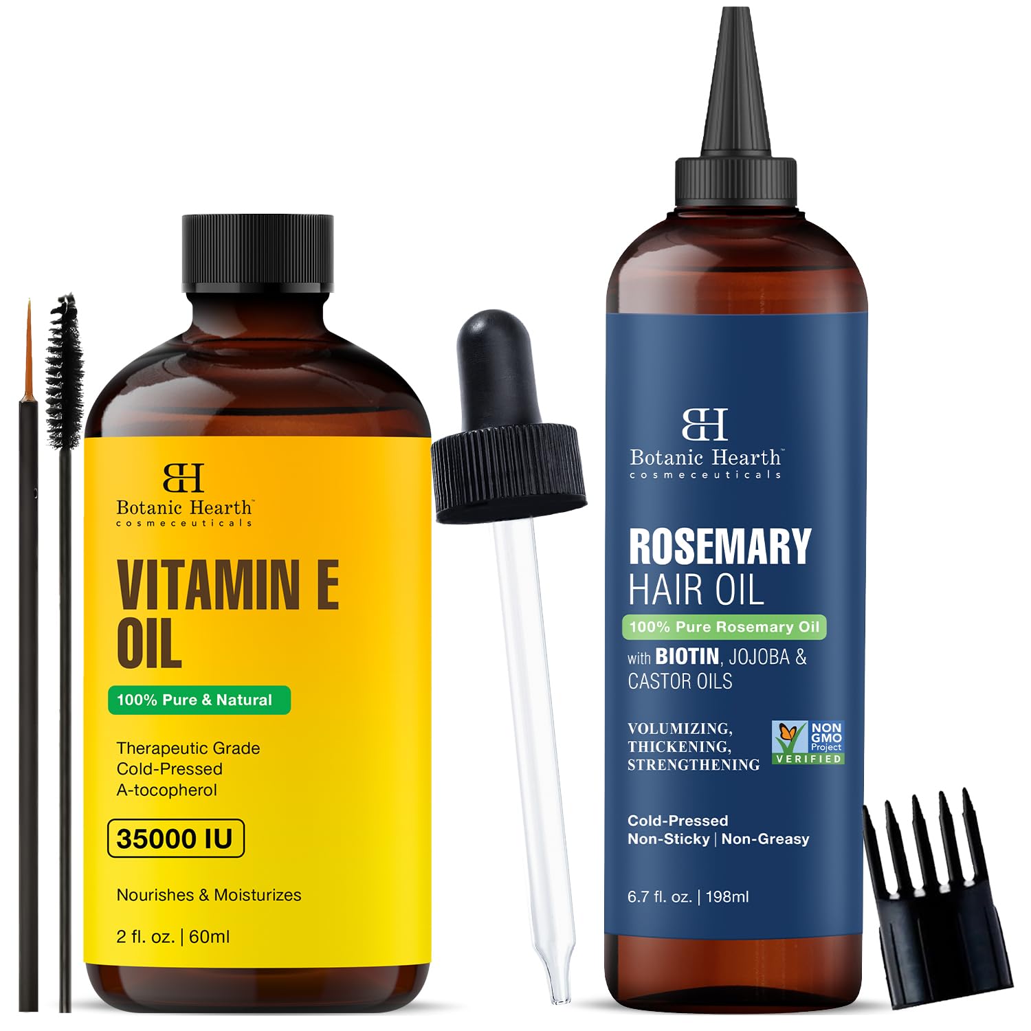 Botanic Hearth Vitamin E Massage Oil 2 fl oz + Rosemary Hair Oil 6.7 fl oz with Biotin, Castor & Jojoba – Body & Hair Care Combo – Lightweight Oils for Skin, Ha
