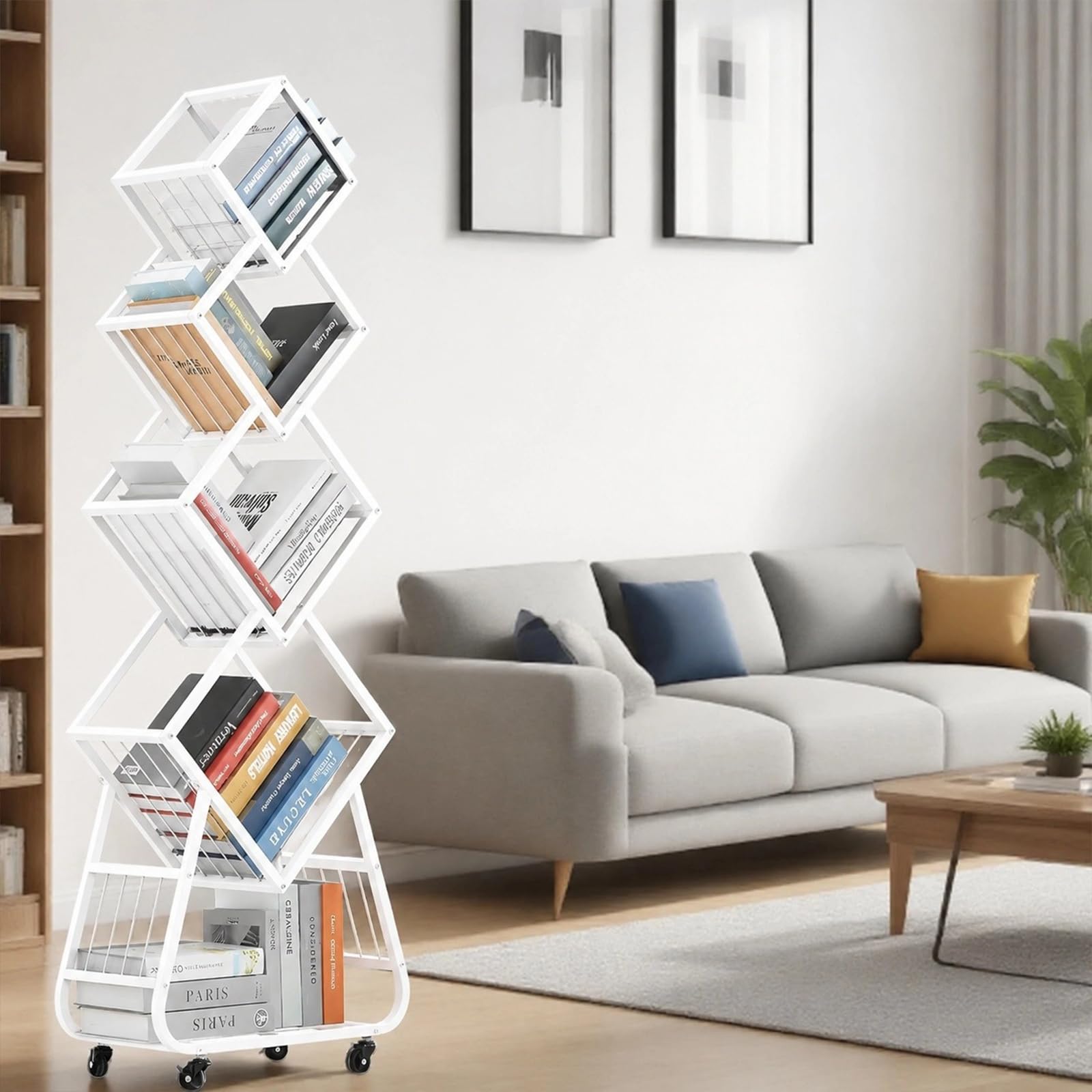 Bücherregal Drehbar Schwarz, Drehbares Bücherregal 5 Etagen, 360°Book Shelf, Bücherregal Mit Rollen, für Wohnzimmer Schlafzimmer Büro (Weiß)