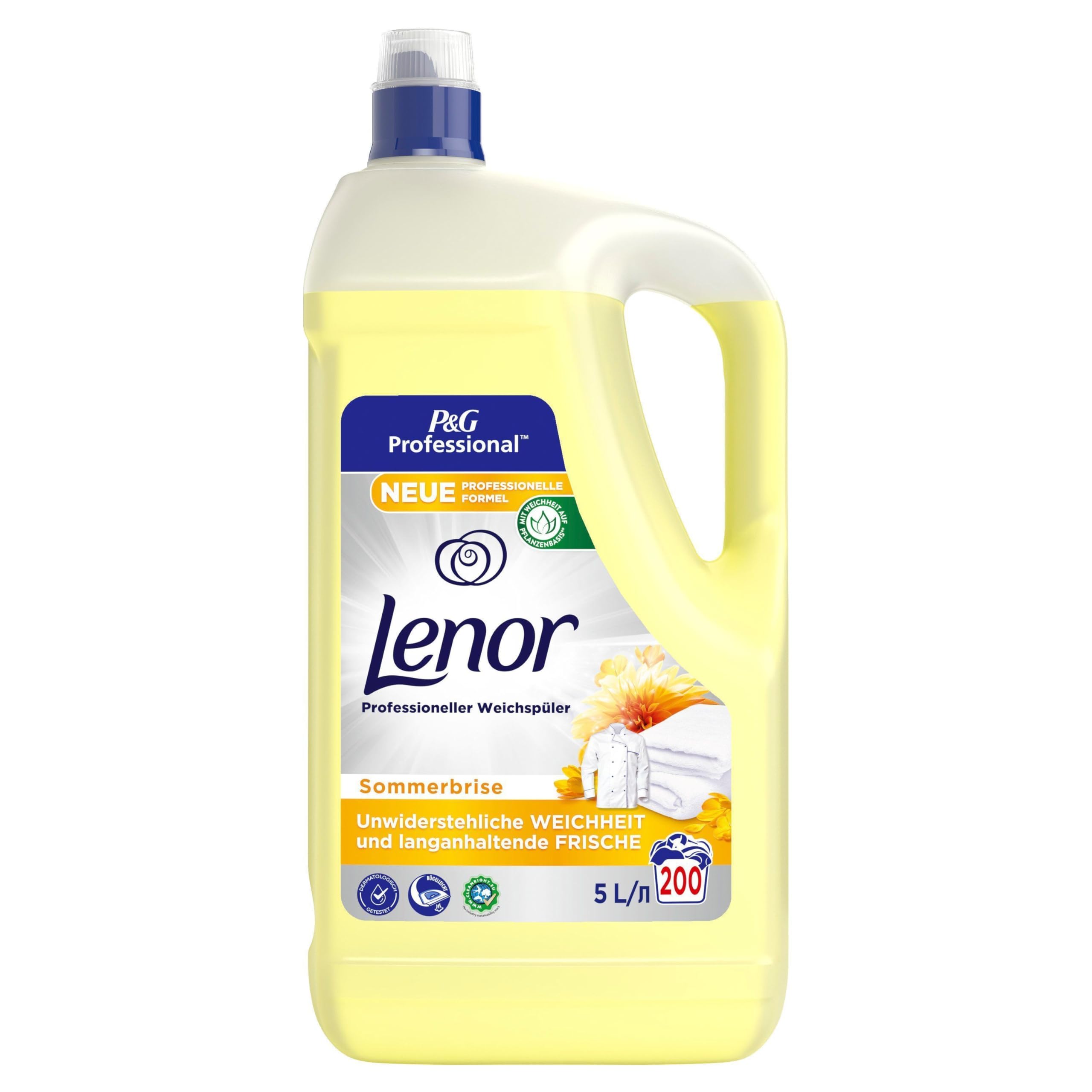 Lenor Professional Weichspüler Sommerbrise, 600 Waschladungen, (3 x 5 L), Pflanzenbasierte Weichheit, Langanhaltende Frische