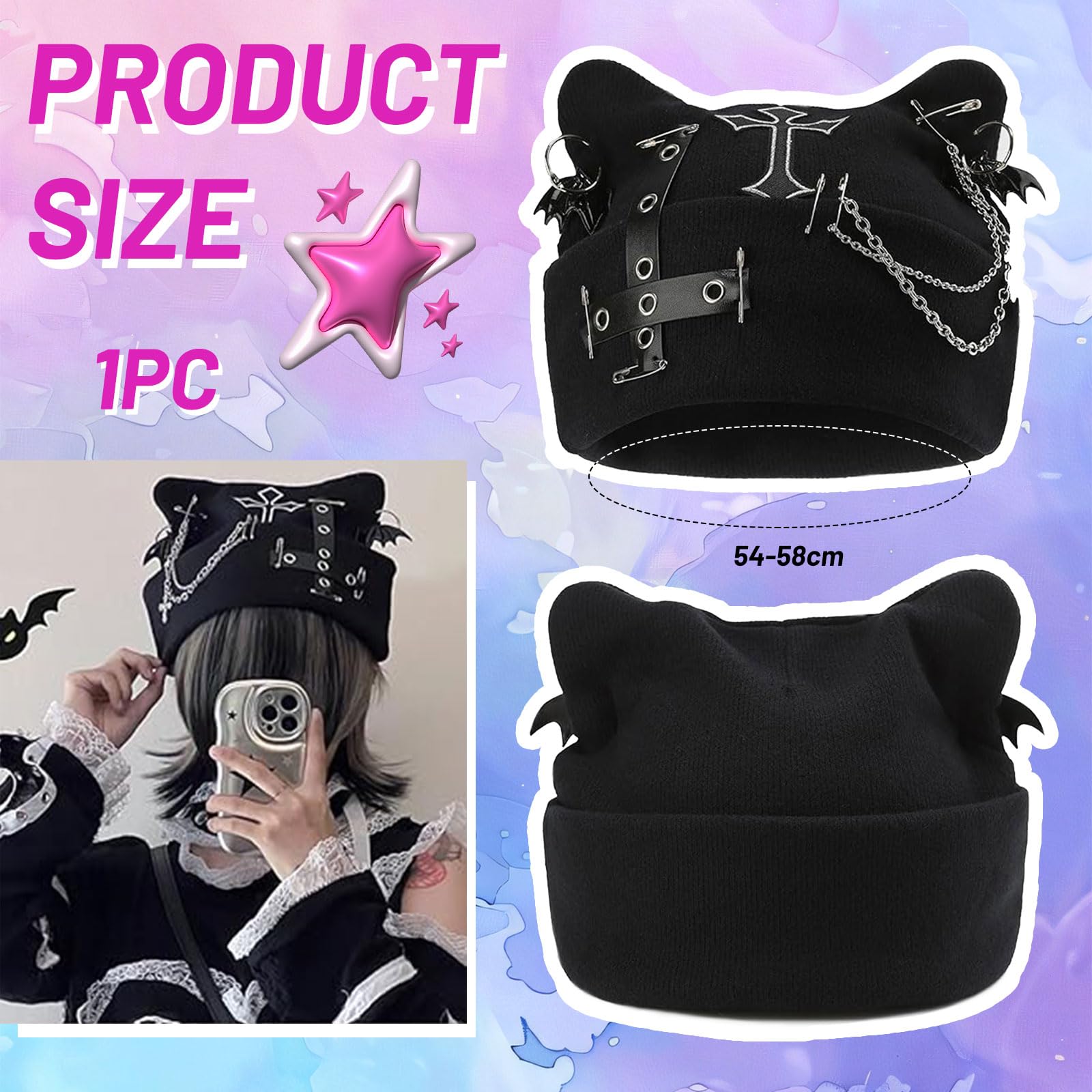 Czapka typu beanie z kocim wzorem, akcesorium do czapki Goth Punk z kocimi uszami dla kobiet, czapka beanie w stylu Y2k Grunge Gothic z dzianiny, czapka damska z łańcuchem, na festiwale