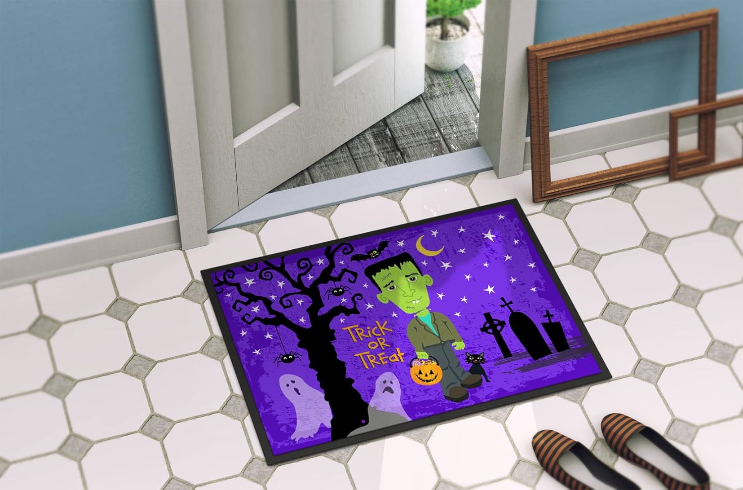Caroline's Treasures VHA3021MAT Halloween Frankie Frankenstein Doormat 18x27 Front Door Mat Indoor Outdoor Rugs for Entryway, Non Slip Washable Low Pile, 18H X 27W