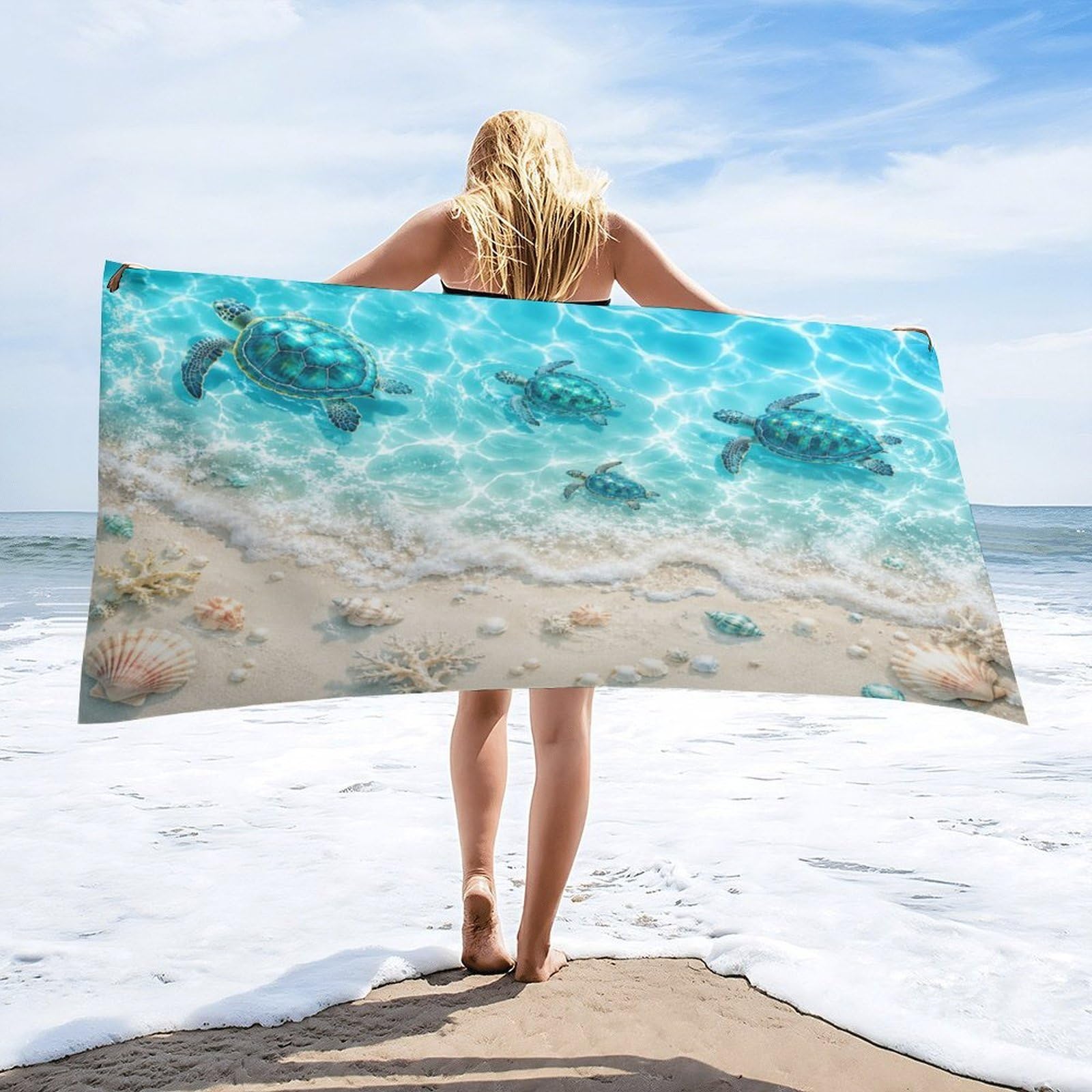 Anceky Sea Turtles Beach Shells Coral Beach Towel 32"×63",Soft Microfiber Bath Towel Shawl, Quick Dry Absorbent Pool Spa Gym Shower Towel