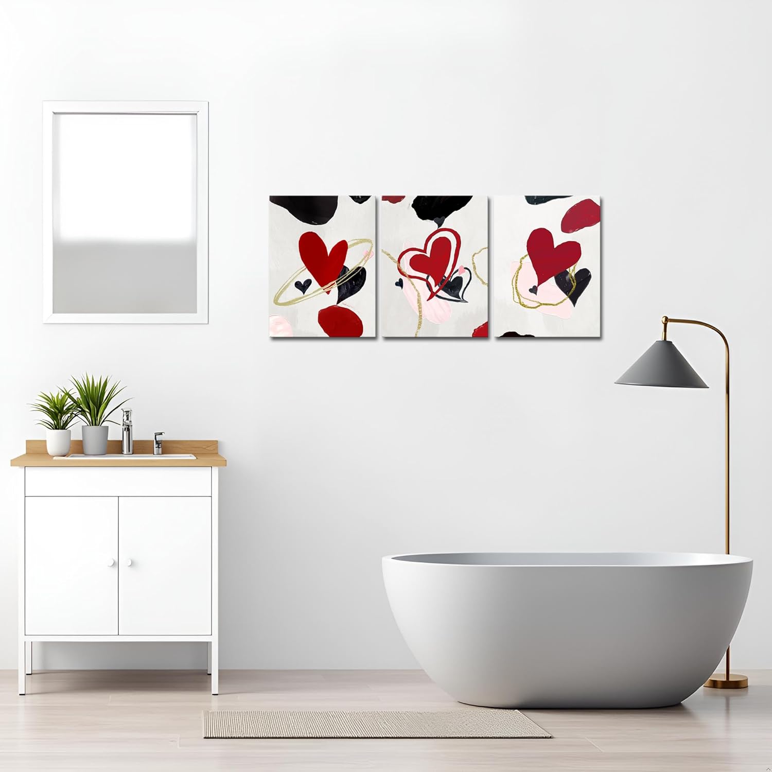 sechars 3 Pieces Burgundy Red and Black Wall Art Decor Abstract Love Heart Paintings for Girls Women Bedroom Bathroom Decorations Valentine's Day Gifts (Red)