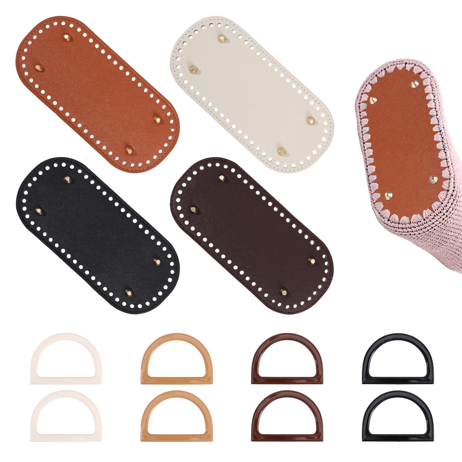 GLOBLELAND 12 Pieces 4 Colors Bag Base Bag Handle Set D Shape Crochet Bag Handbag and Oval Knitting Crochet PU Bag Base for Bag Making Bag Shoulder Bags DIY Accessories