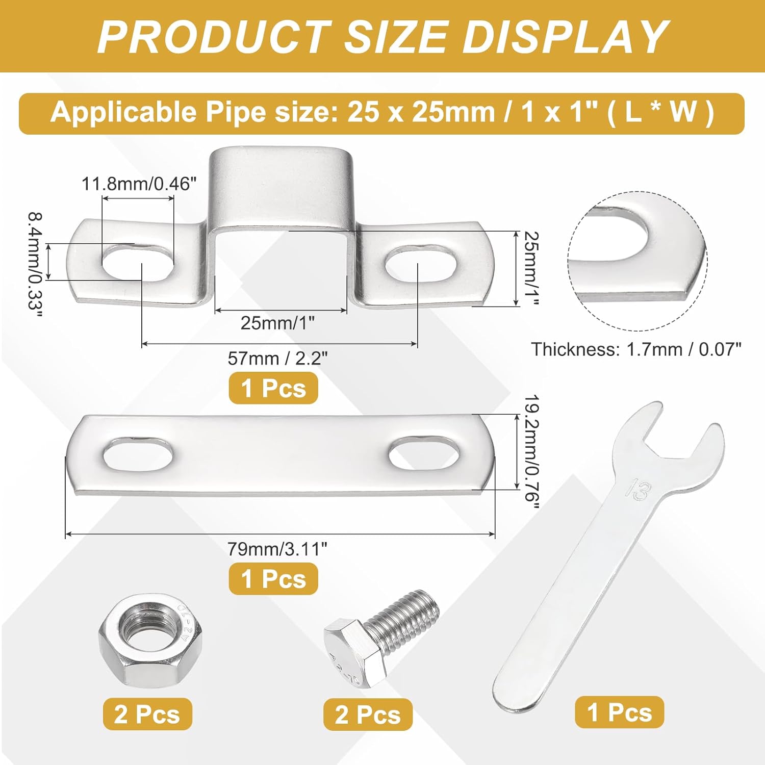 uxcell U Shape Square Tube Clamp, 25x25mm U Shaped Bracket 304 Stainless Steel Square Strap Clamp with Bolt Plate Nuts and Wrench for Pipes Door Closed Bar Holder Railings
